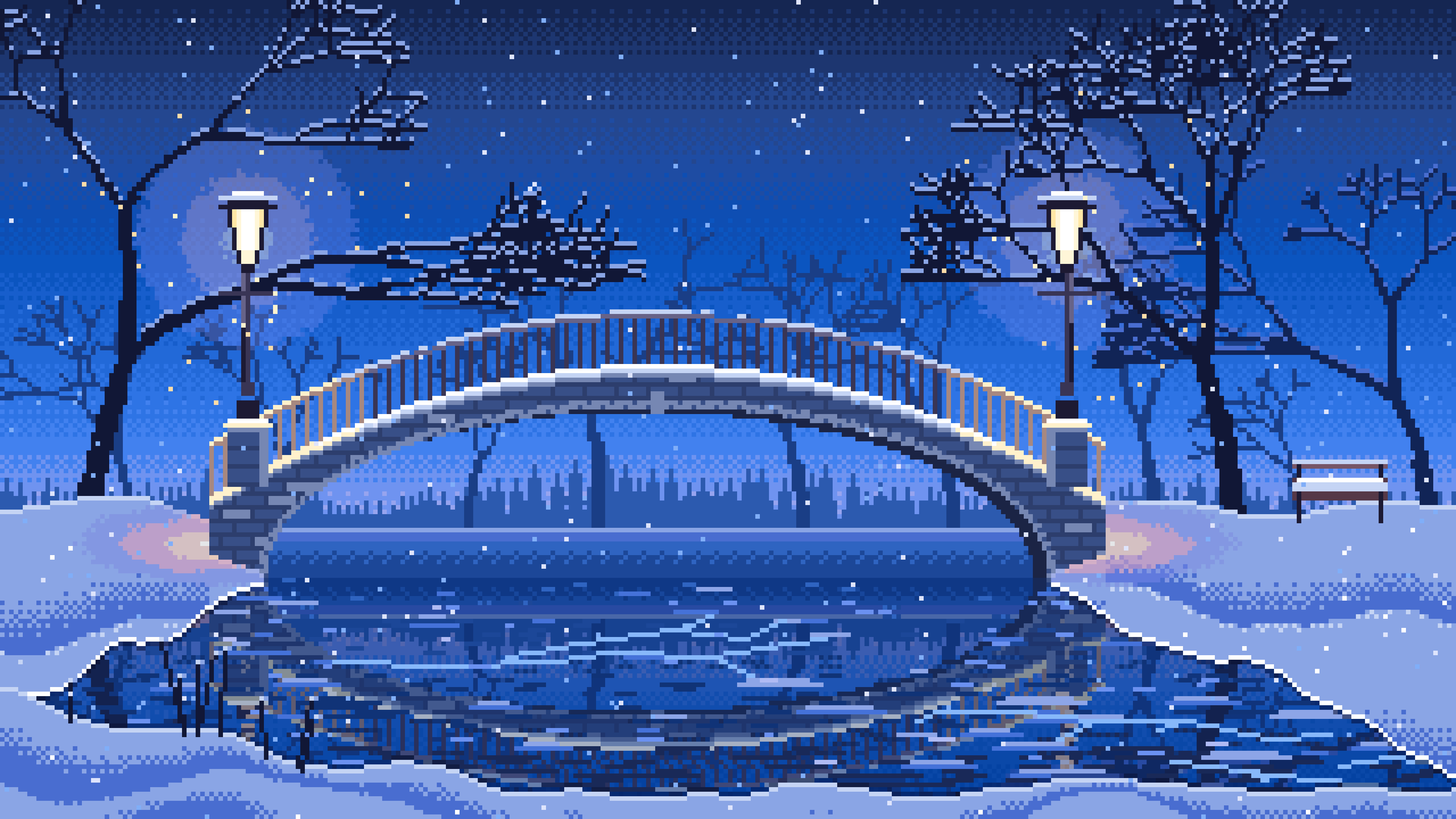 Blue Pixel Art Snowy Park Bridge by Lamplight desktop wallpaper in 4K