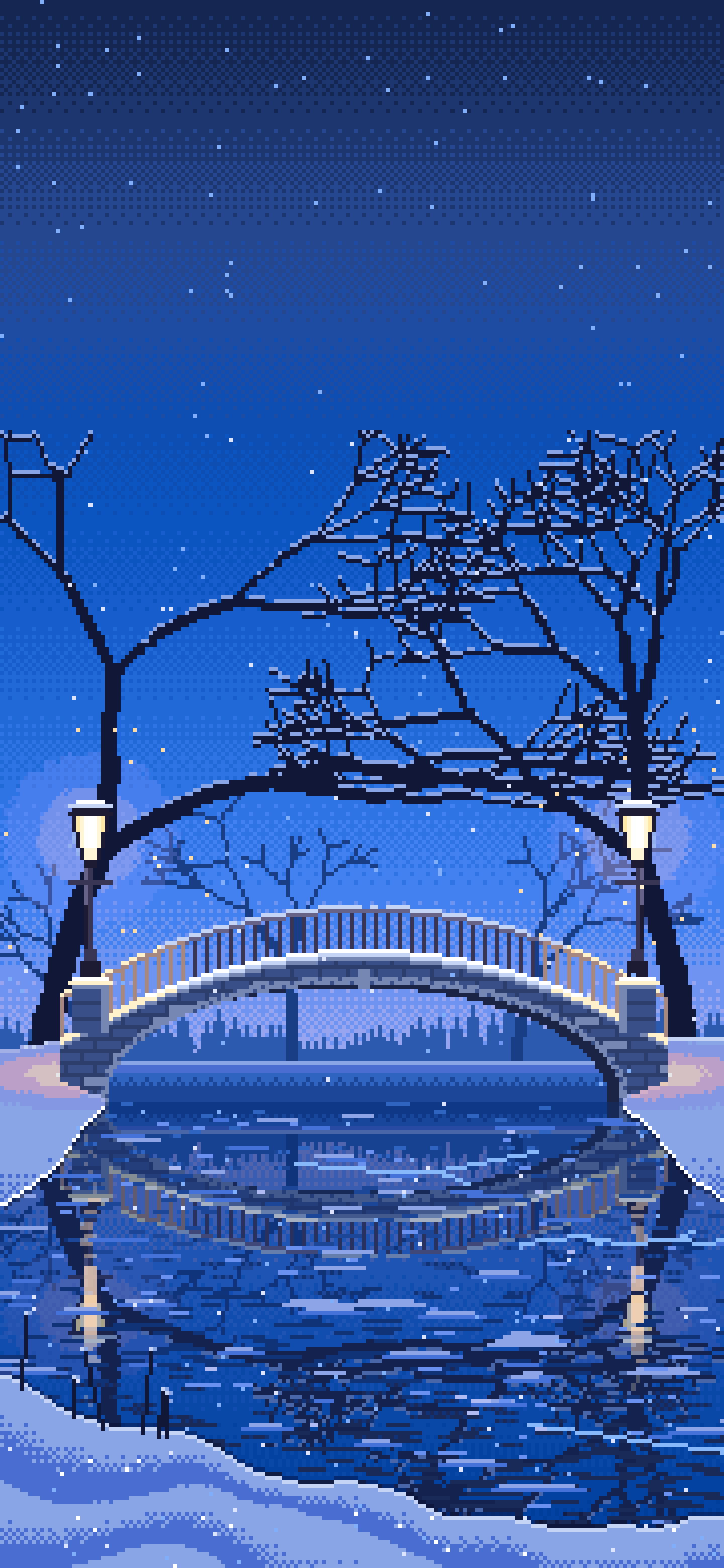 Blue Pixel Art Snowy Park Bridge by Lamplight wallpaper for iPhone and Android