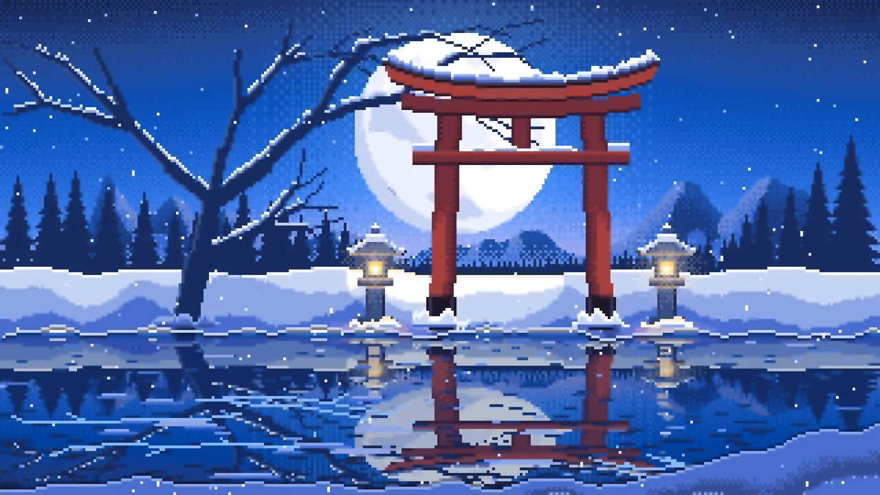 Blue Pixel Art Snowy Torii Gate on a Frozen Lake desktop wallpaper in 4K