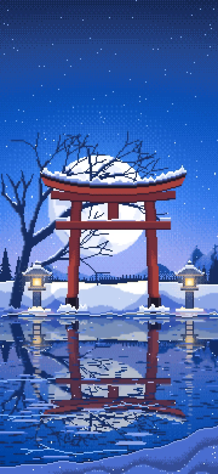 Blue Pixel Art Snowy Torii Gate on a Frozen Lake wallpaper for iPhone and Android