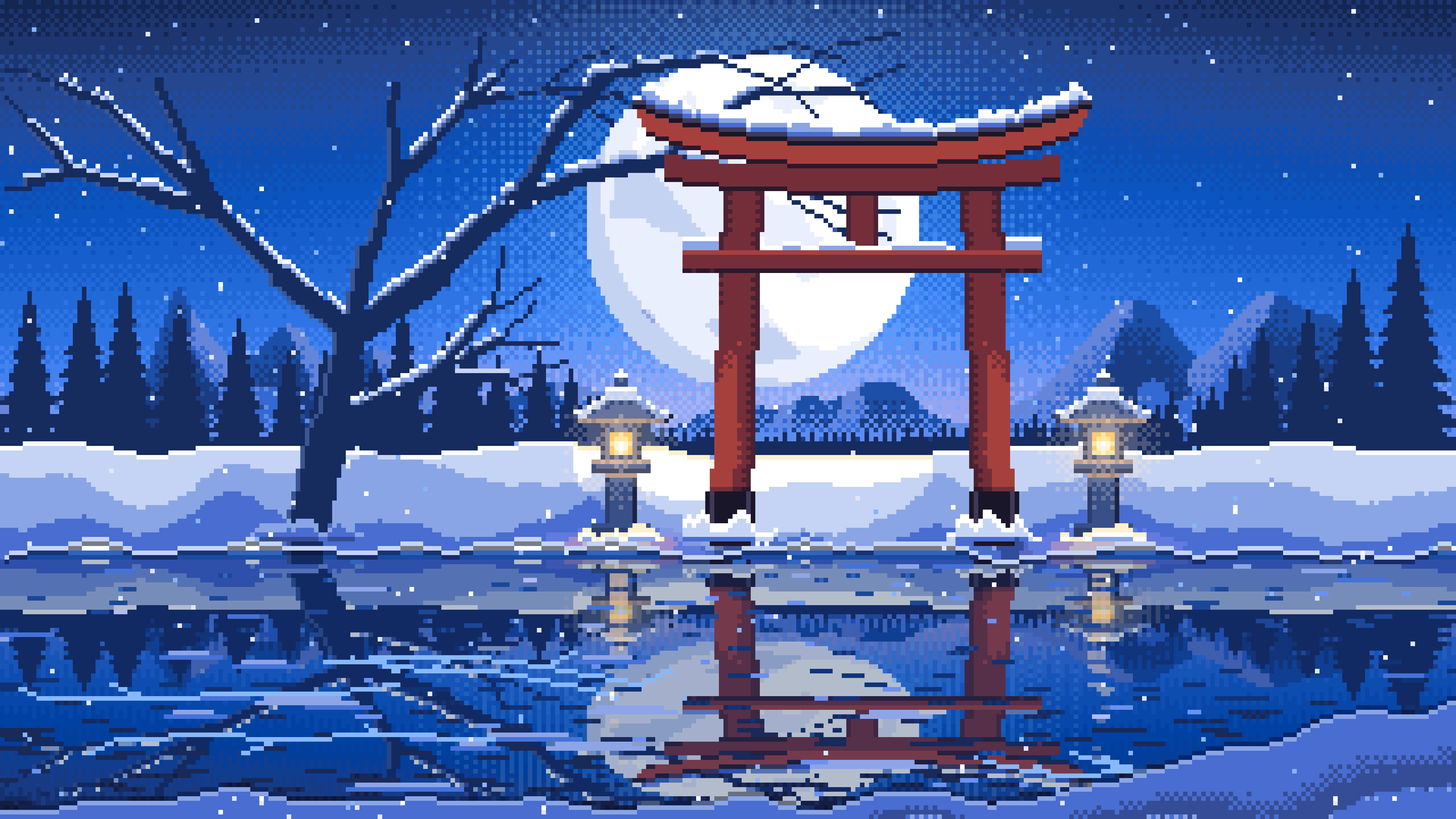 Blue Pixel Art Snowy Torii Gate on a Frozen Lake desktop wallpaper in 4K