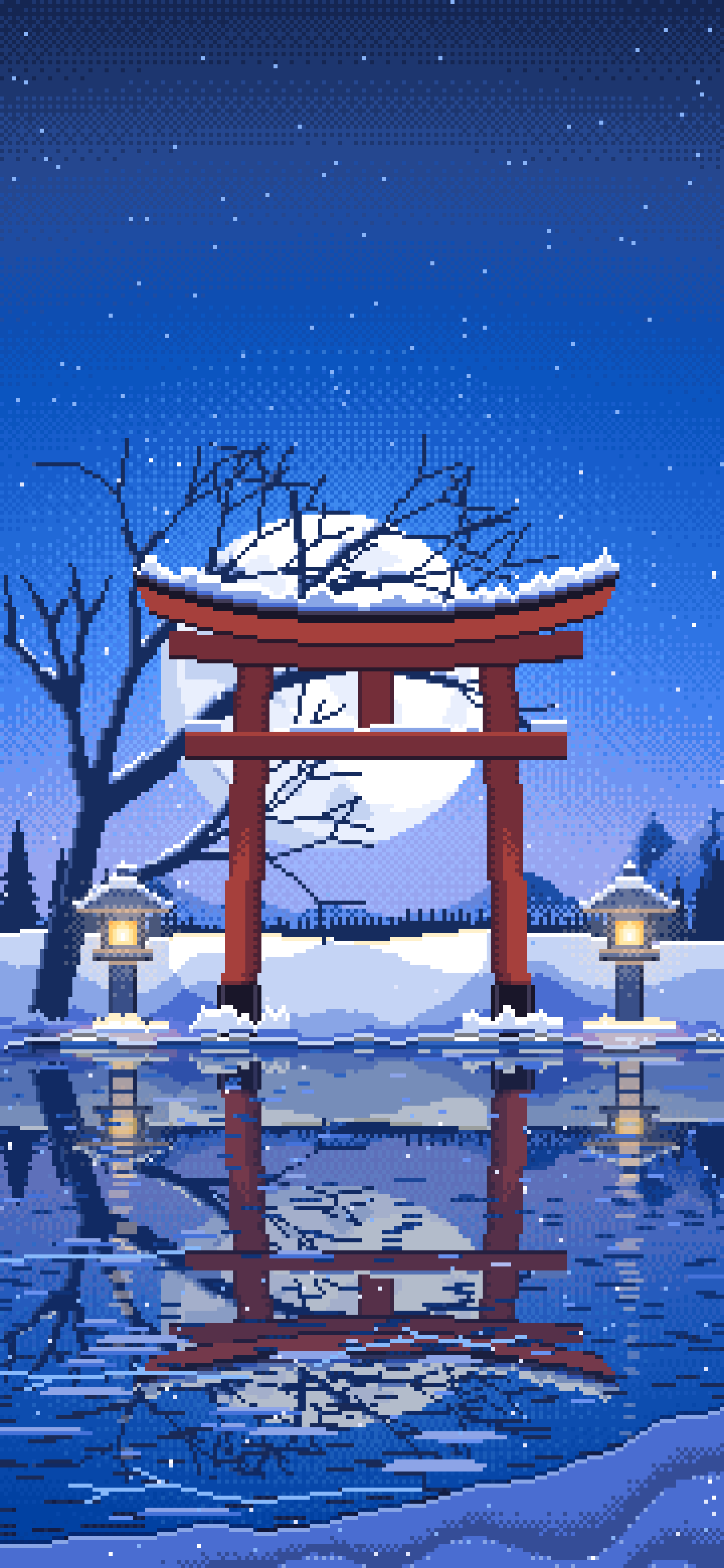 Blue Pixel Art Snowy Torii Gate on a Frozen Lake wallpaper for iPhone and Android