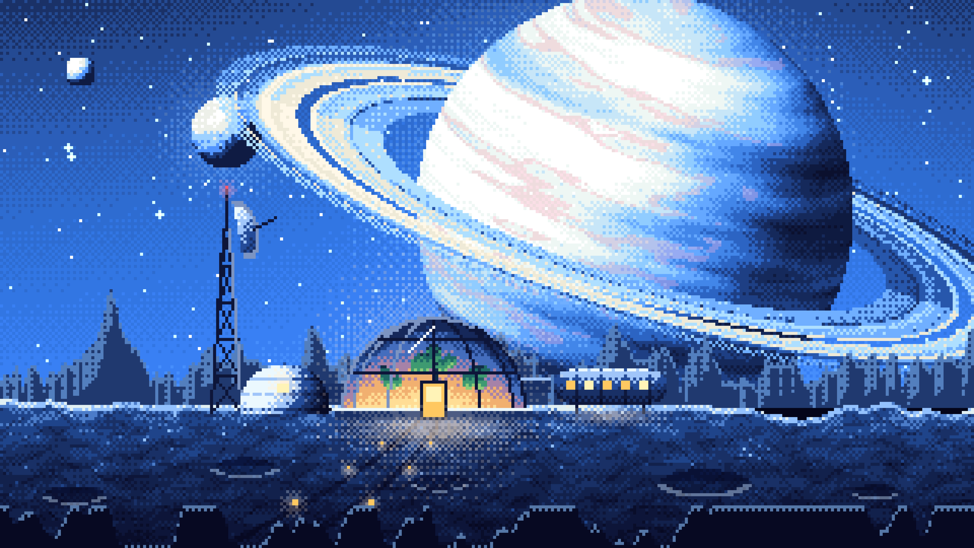 Blue Pixel Art Space Outpost Under a Ringed Planet desktop wallpaper in 4K