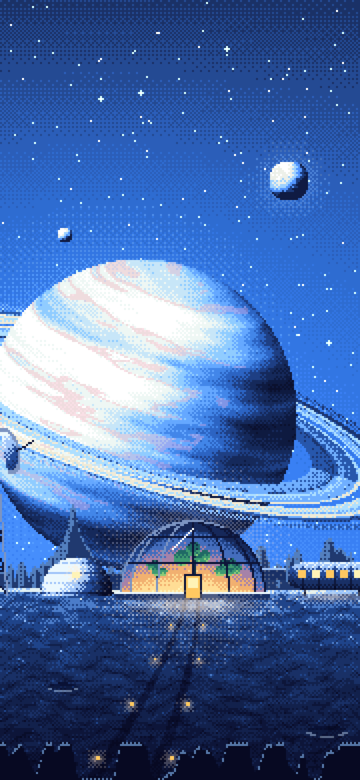 Blue Pixel Art Space Outpost Under a Ringed Planet wallpaper for iPhone and Android