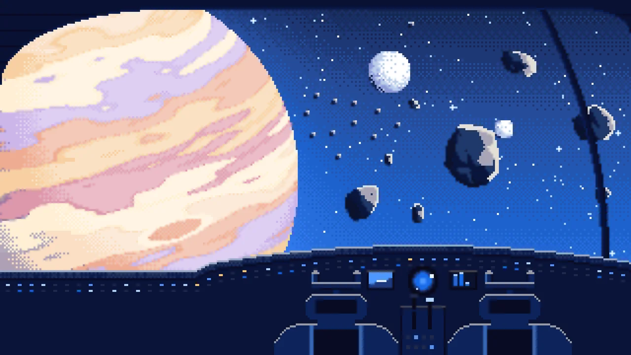 Blue Pixel Art Spaceship Cockpit and a Giant Planet desktop wallpaper in 4K