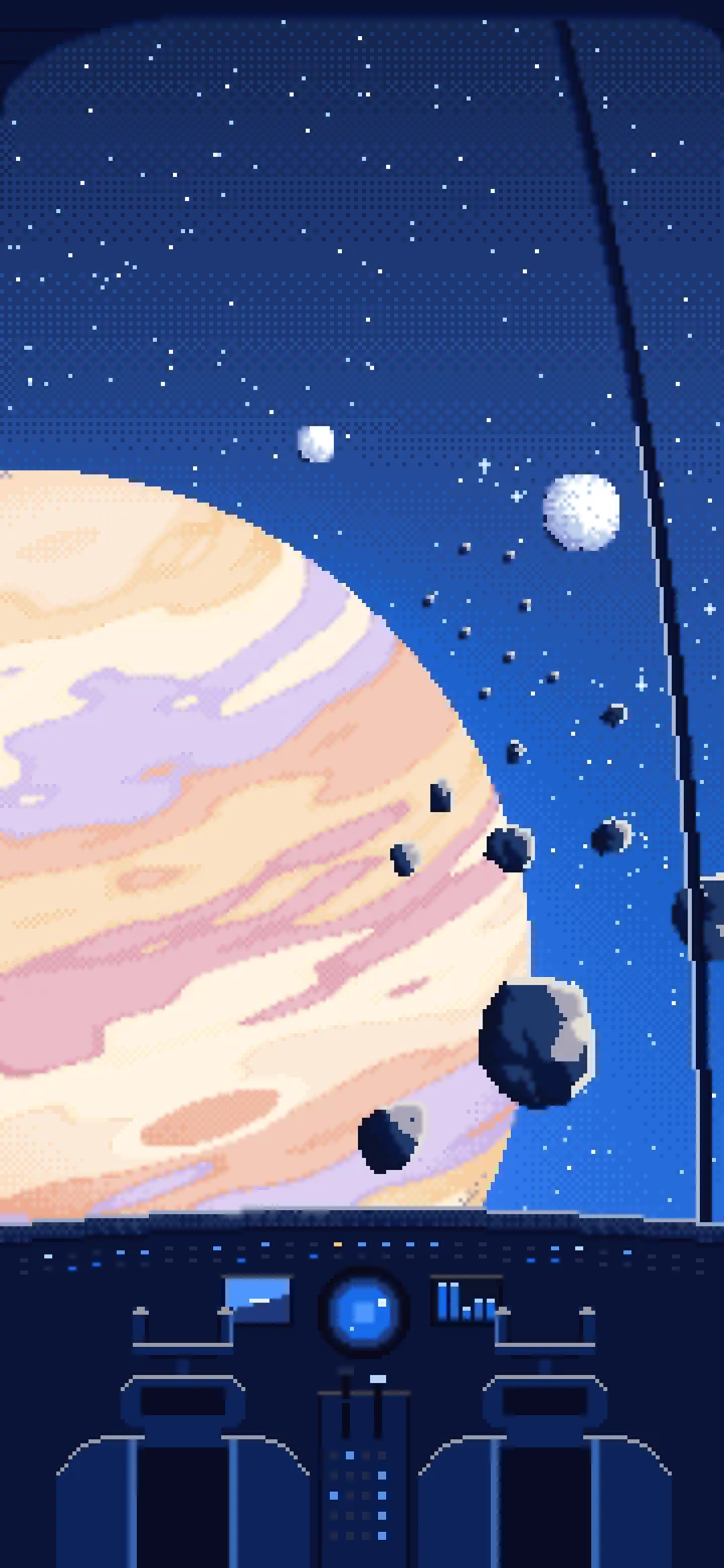 Blue Pixel Art Spaceship Cockpit and a Giant Planet wallpaper for iPhone and Android