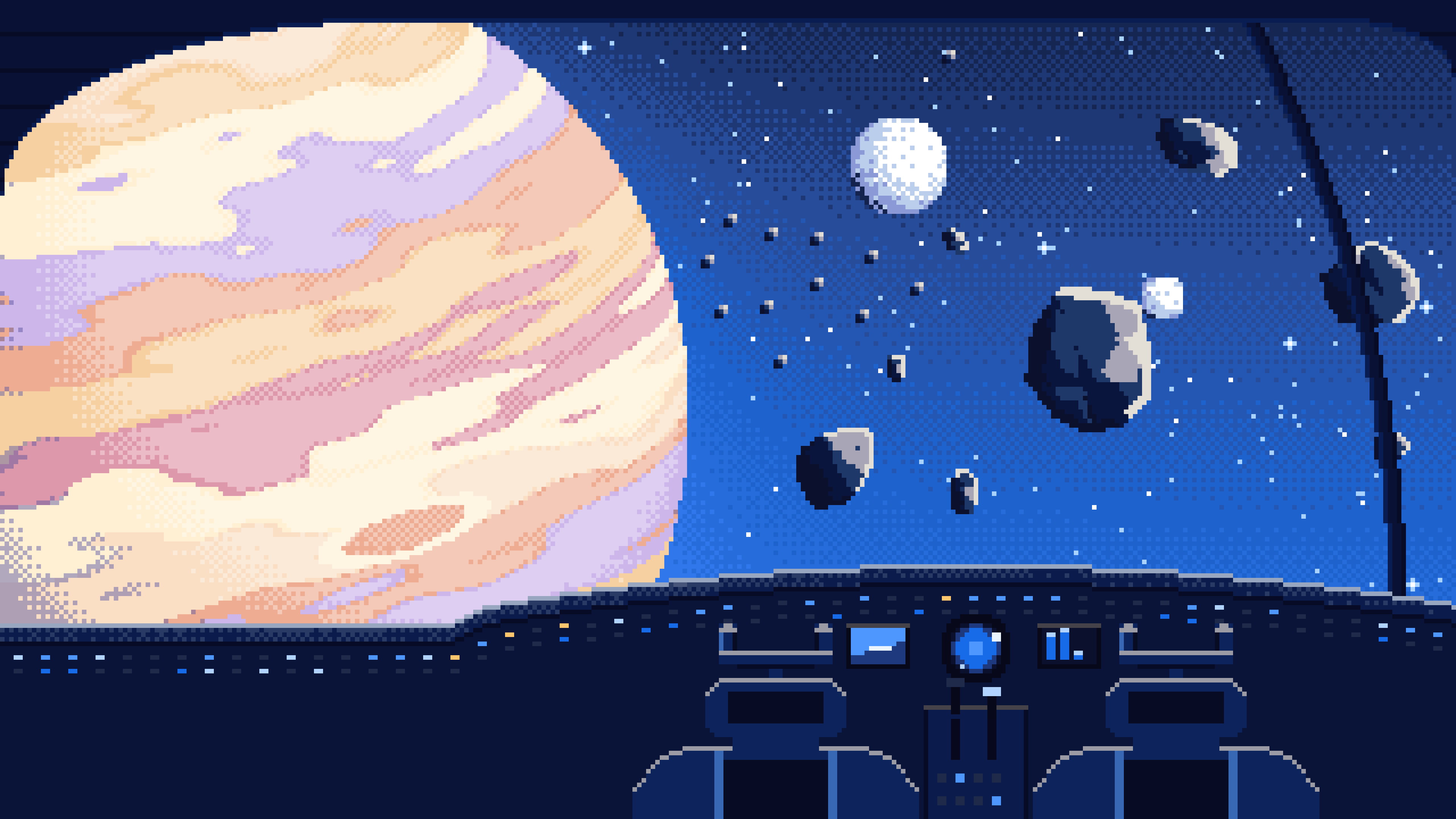 Blue Pixel Art Spaceship Cockpit and a Giant Planet desktop wallpaper in 4K