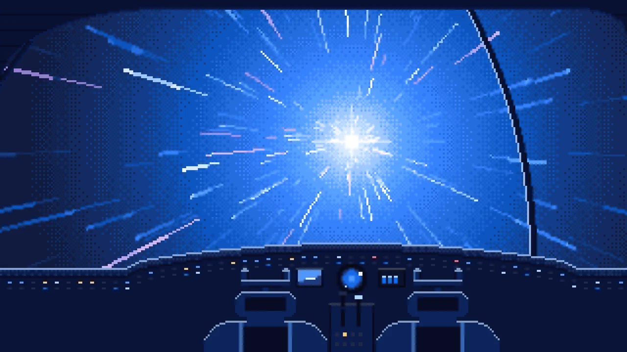 Blue Pixel Art Spaceship Cockpit in Hyperspace desktop wallpaper in 4K