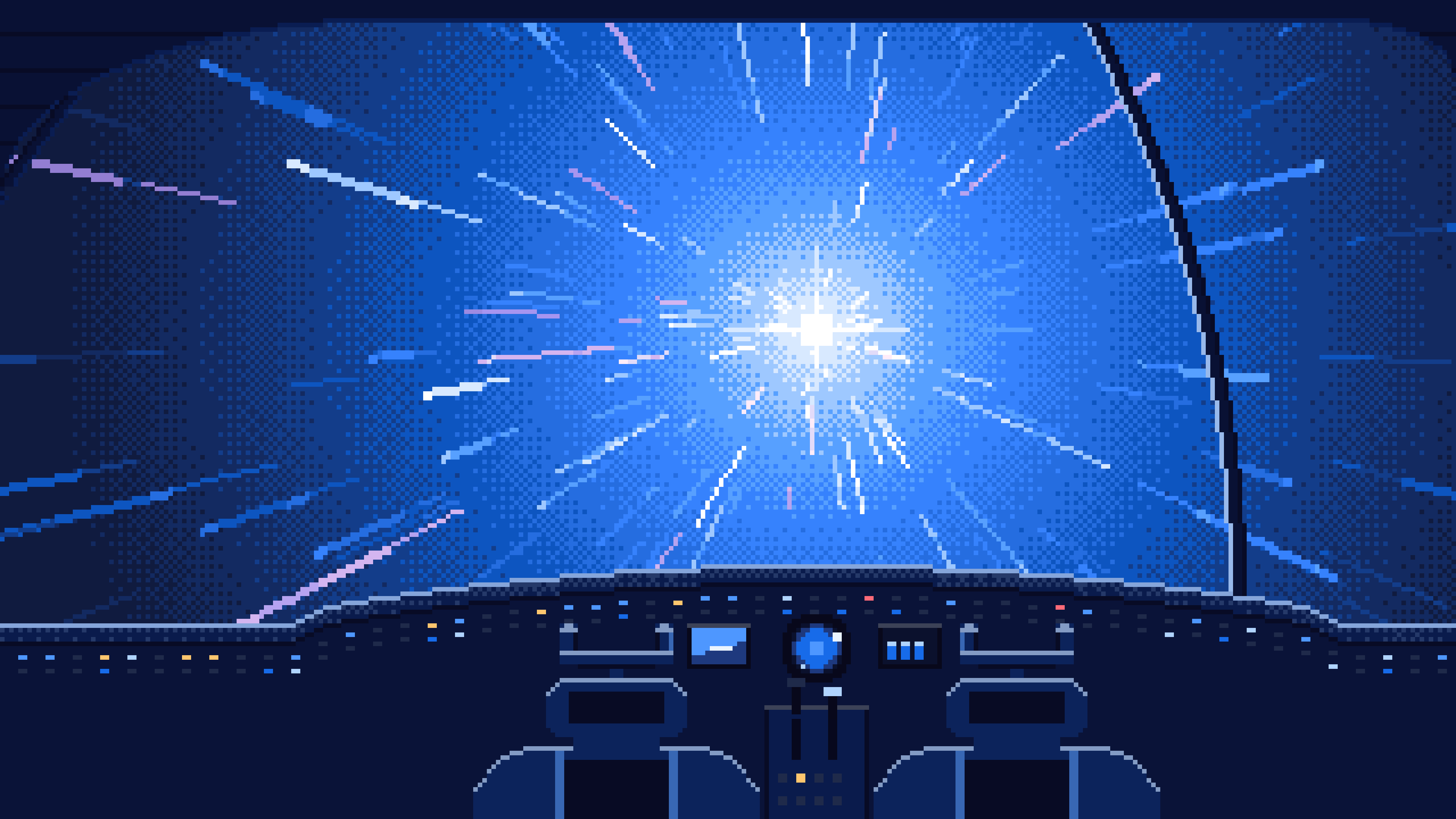 Blue Pixel Art Spaceship Cockpit in Hyperspace desktop wallpaper in 4K