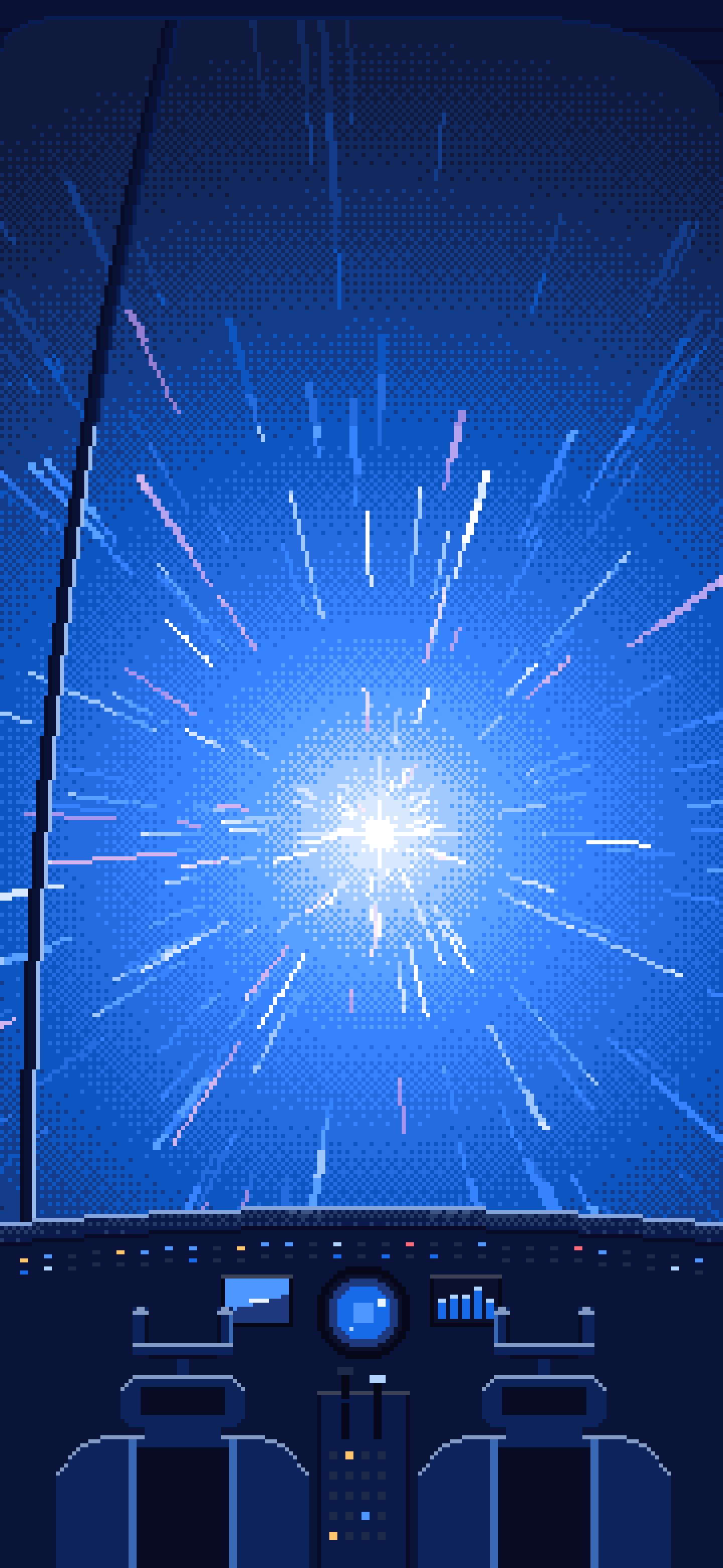 Blue Pixel Art Spaceship Cockpit in Hyperspace wallpaper for iPhone and Android