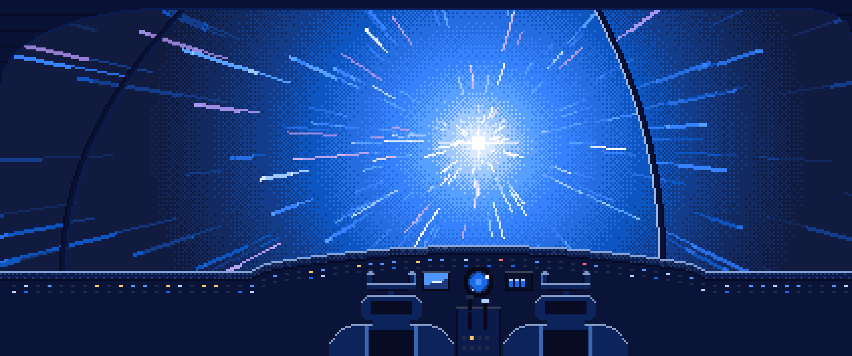 Blue Pixel Art Spaceship Cockpit in Hyperspace ultrawide wallpaper, 3440 × 1440