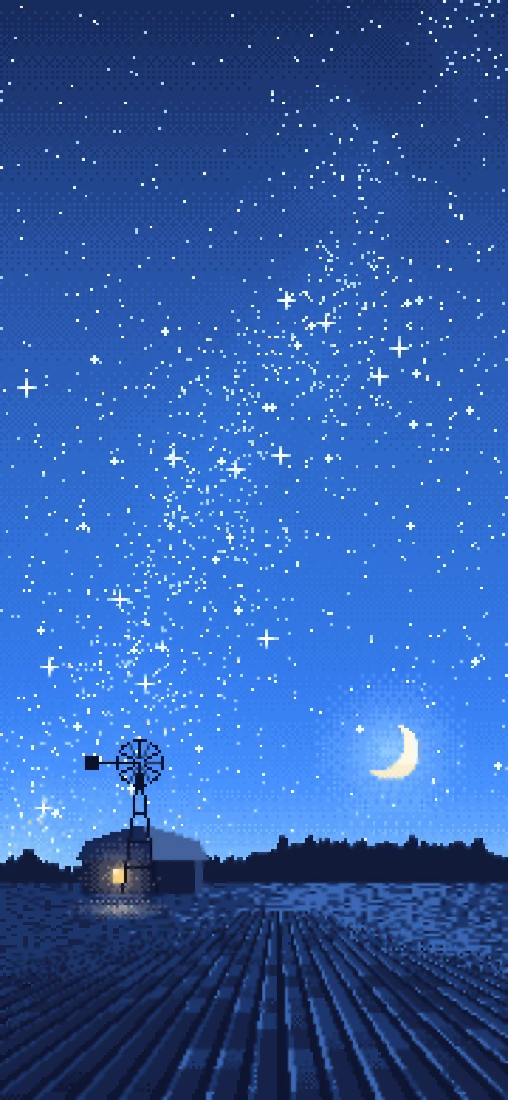 Blue Pixel Art Starry Night Sky Over a Field wallpaper for iPhone and Android