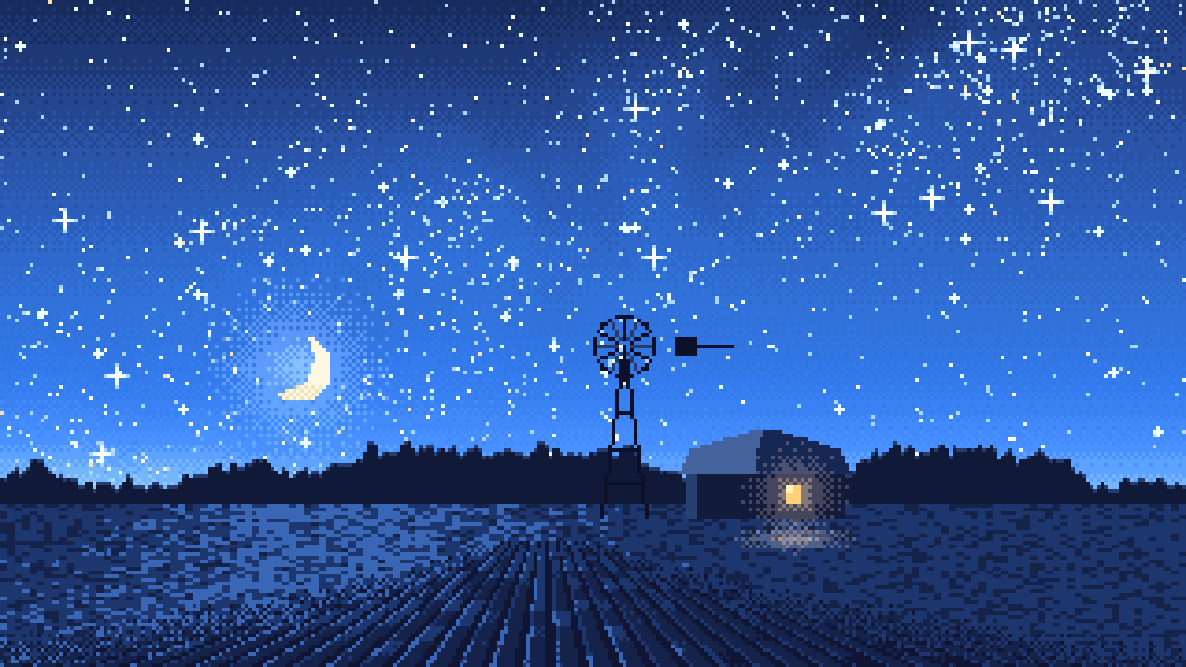 Blue Pixel Art Starry Night Sky Over a Field desktop wallpaper in 4K