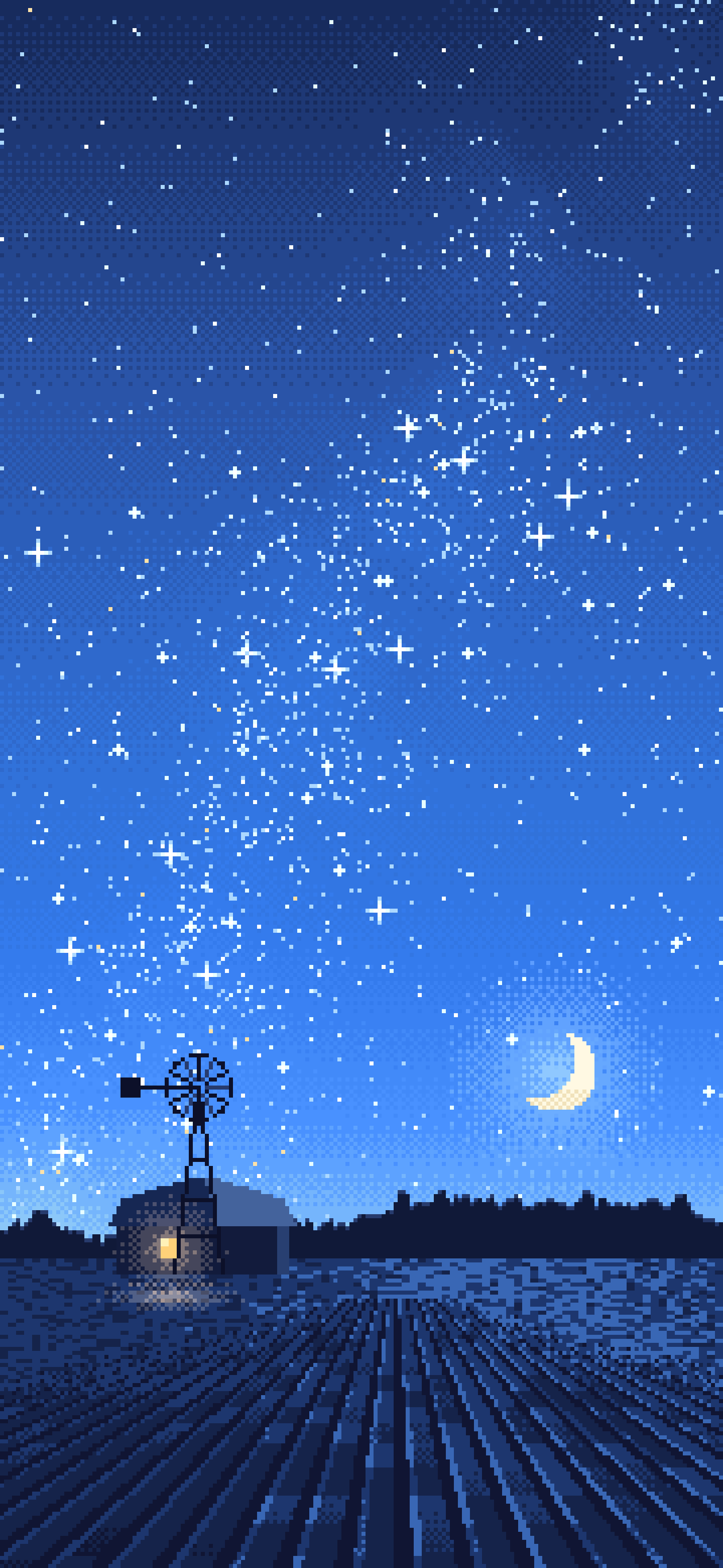 Blue Pixel Art Starry Night Sky Over a Field wallpaper for iPhone and Android