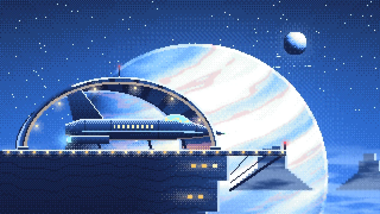 Blue Pixel Art Starship Hangar at Planet Rise desktop wallpaper in 4K
