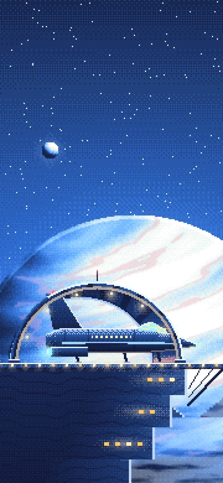 Blue Pixel Art Starship Hangar at Planet Rise wallpaper for iPhone and Android