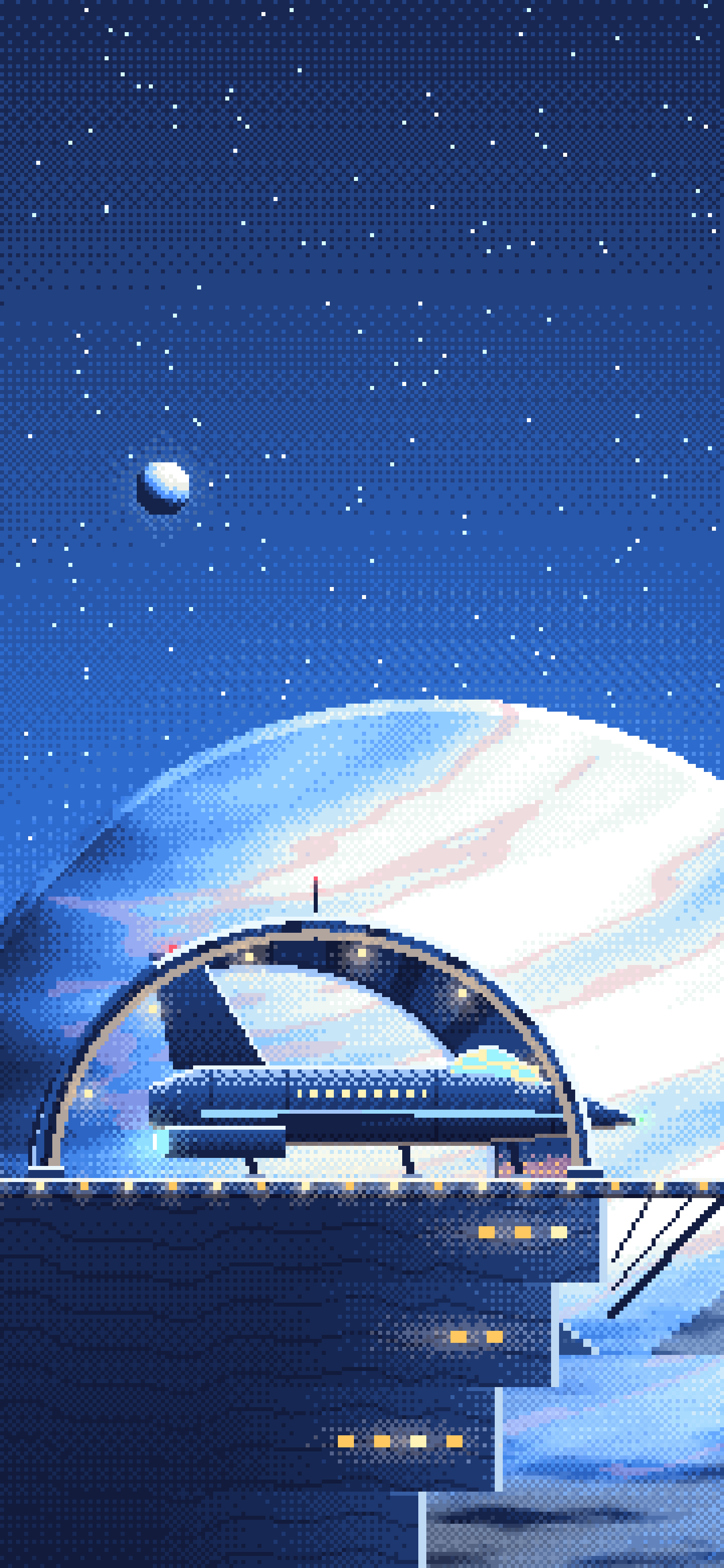 Blue Pixel Art Starship Hangar at Planet Rise wallpaper for iPhone and Android