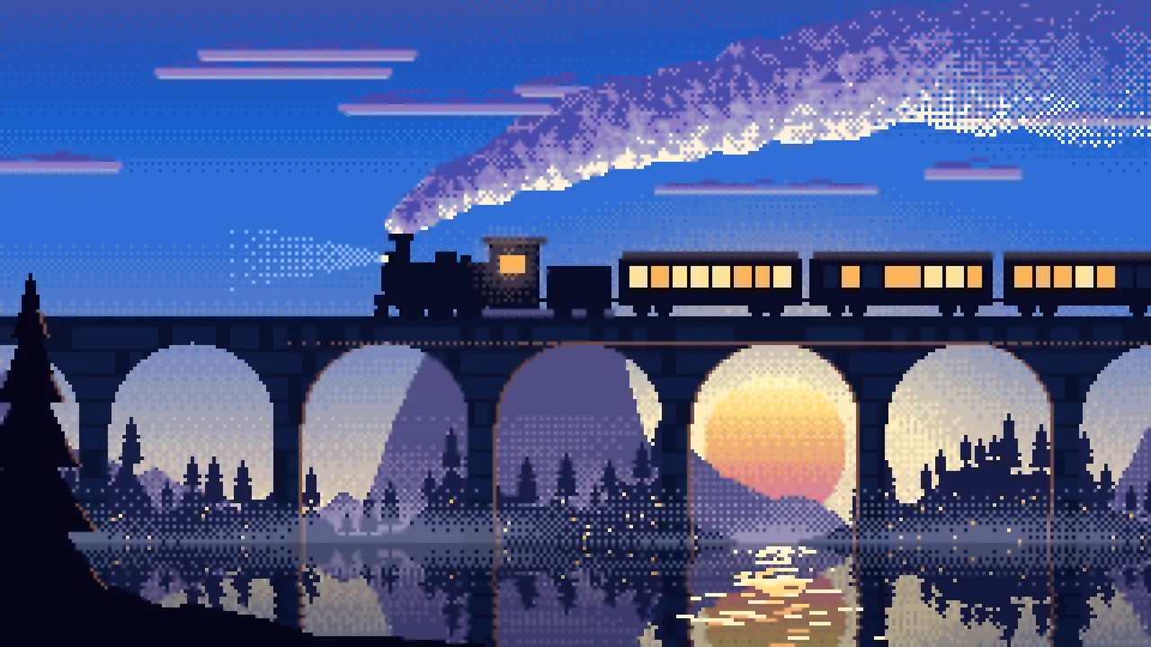 Blue Pixel Art Steam Train on a Viaduct desktop wallpaper in 4K