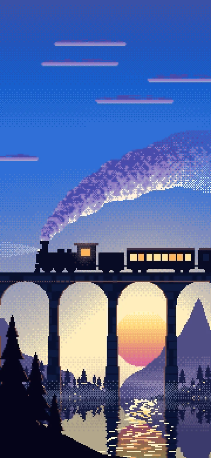 Blue Pixel Art Steam Train on a Viaduct wallpaper for iPhone and Android