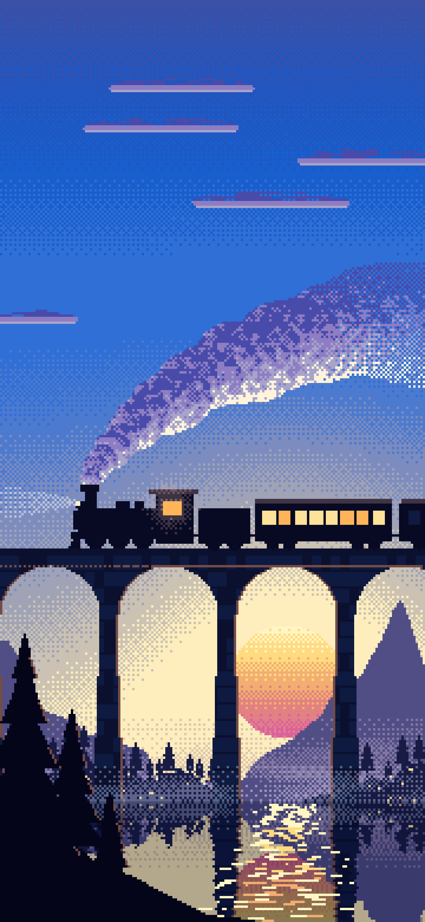 Blue Pixel Art Steam Train on a Viaduct wallpaper for iPhone and Android