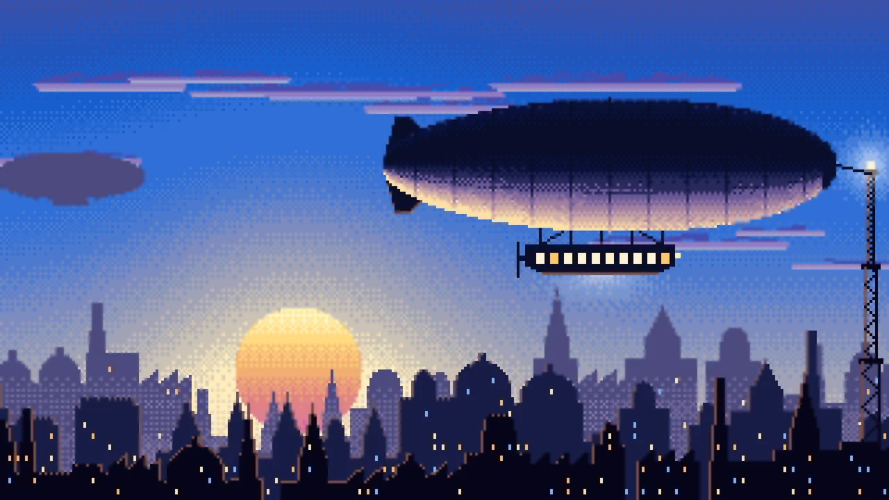 Blue Pixel Art Steampunk Airship at Sunset desktop wallpaper in 4K