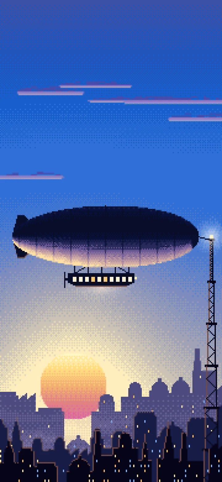 Blue Pixel Art Steampunk Airship at Sunset wallpaper for iPhone and Android