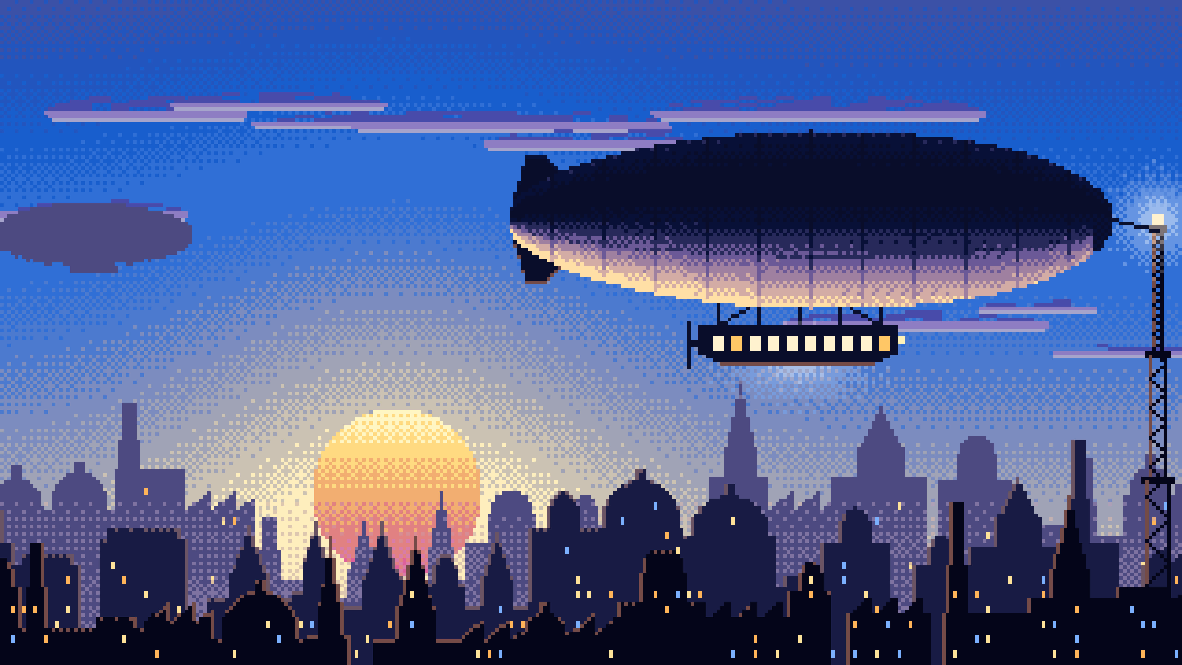 Blue Pixel Art Steampunk Airship at Sunset desktop wallpaper in 4K