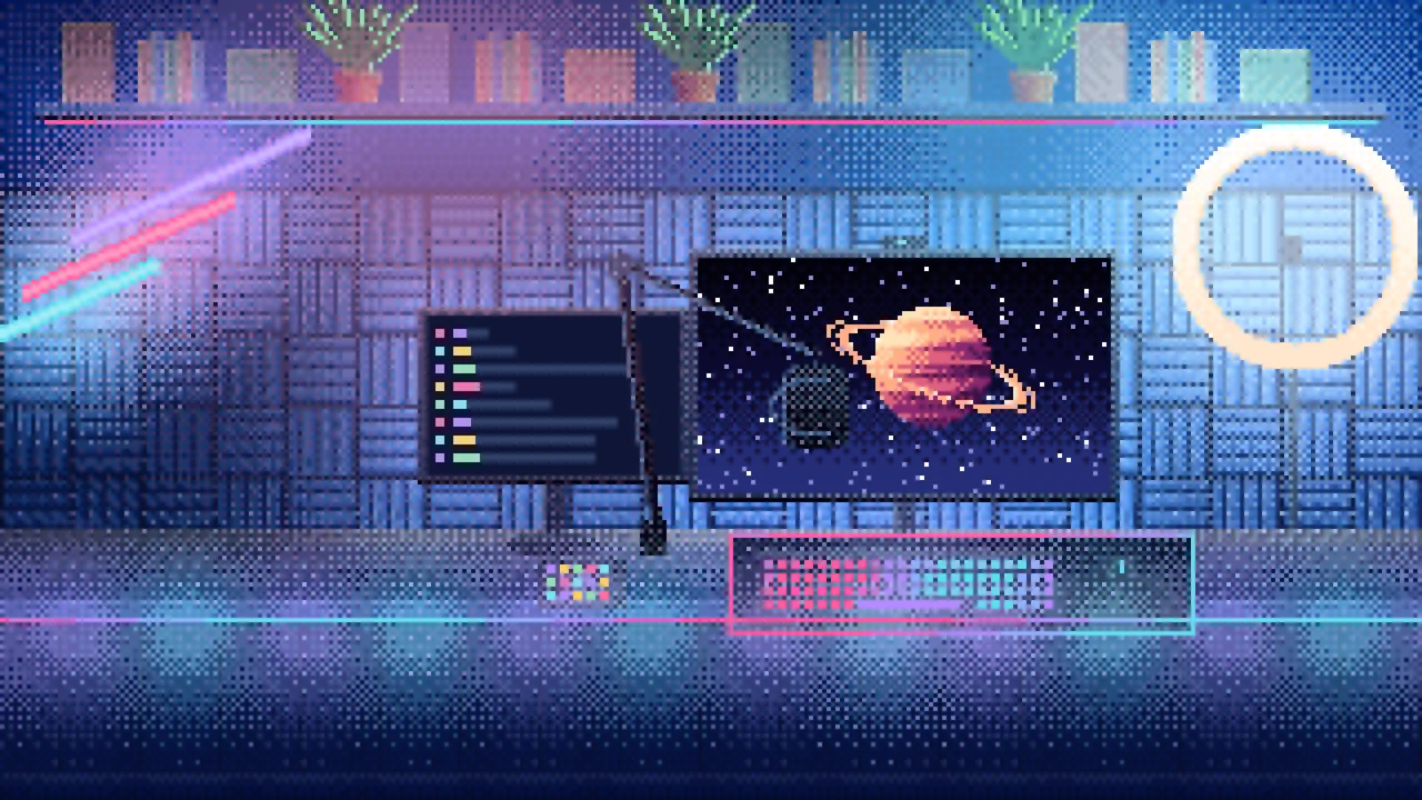 Blue Pixel Art Streaming Setup desktop wallpaper in 4K