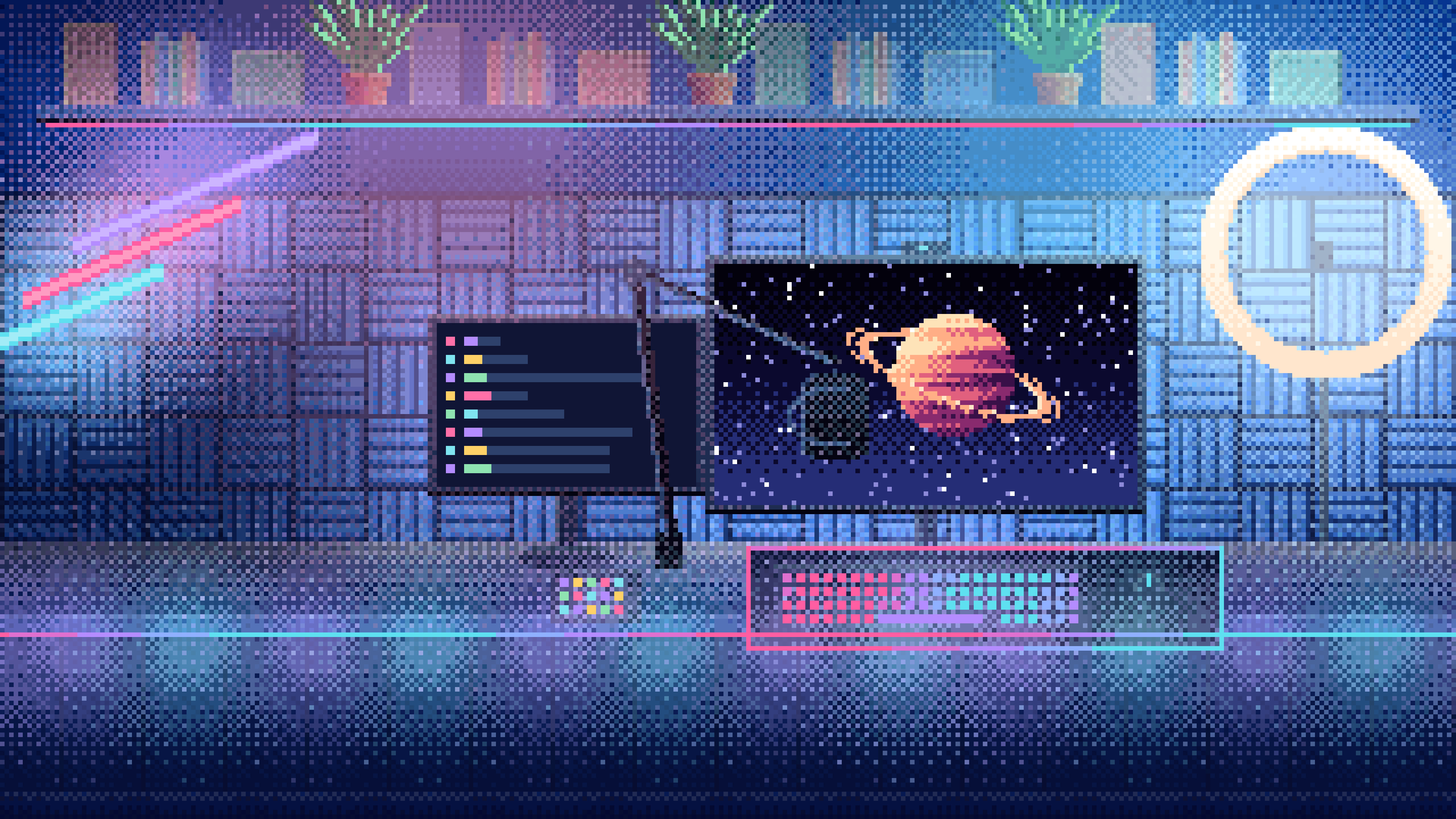 Blue Pixel Art Streaming Setup desktop wallpaper in 4K