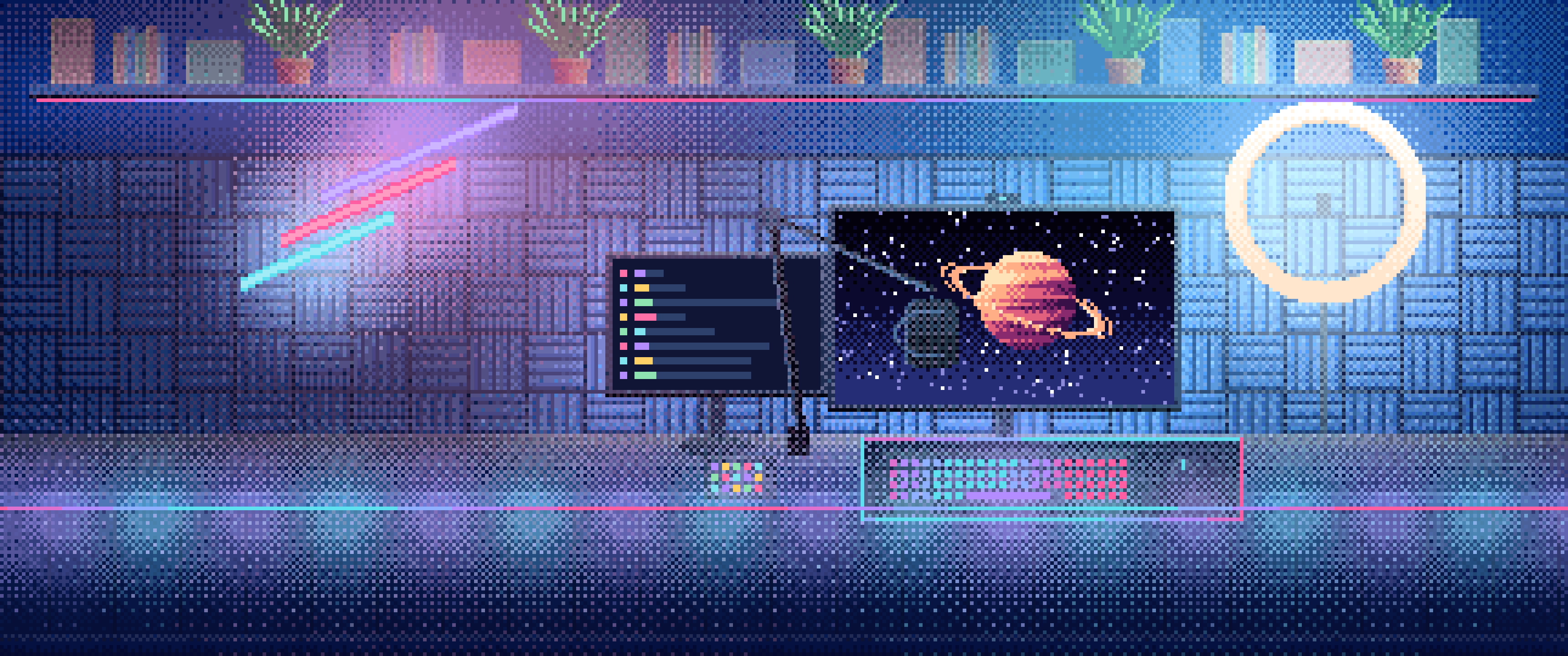 Blue Pixel Art Streaming Setup ultrawide wallpaper, 3440 × 1440