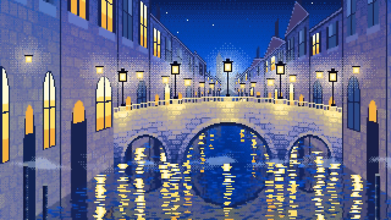 Blue Pixel Art Street Lamps on a Canal Bridge at Night desktop wallpaper in 4K