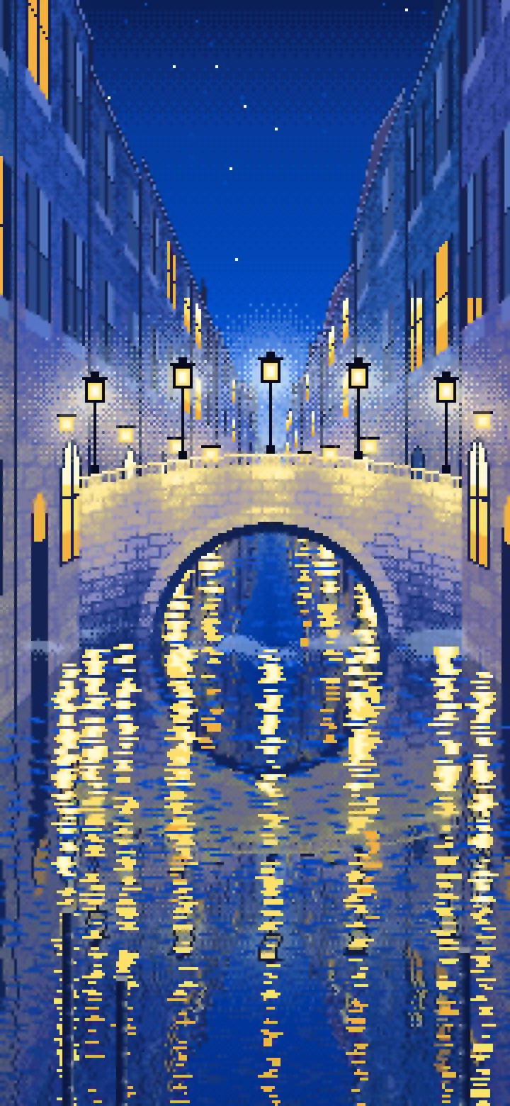 Blue Pixel Art Street Lamps on a Canal Bridge at Night wallpaper for iPhone and Android