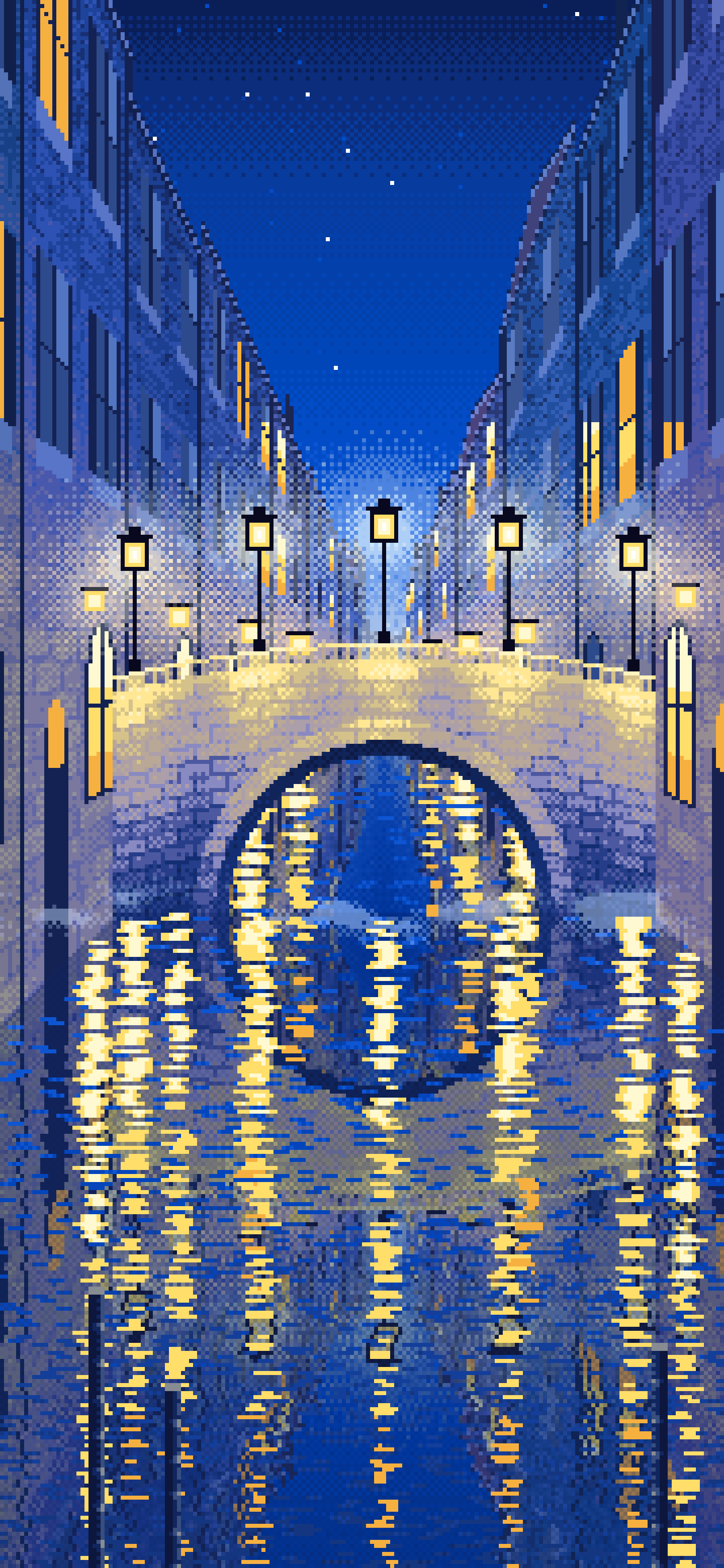 Blue Pixel Art Street Lamps on a Canal Bridge at Night wallpaper for iPhone and Android