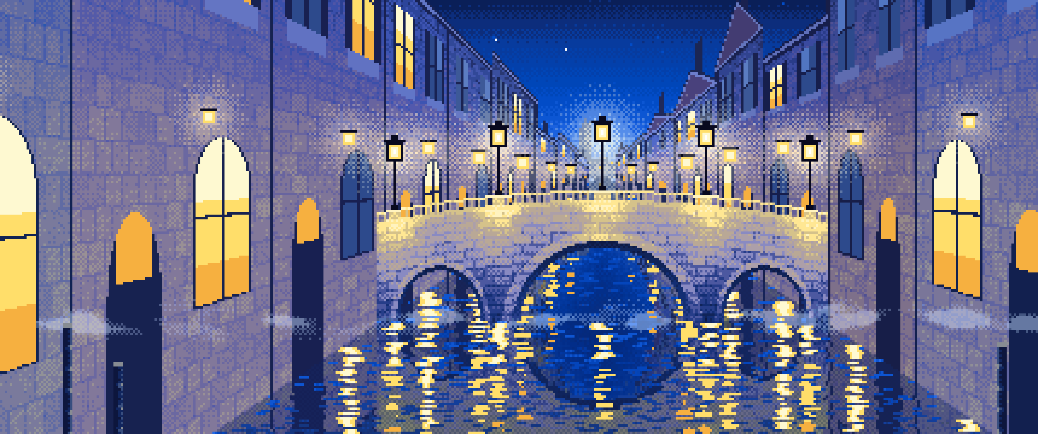 Blue Pixel Art Street Lamps on a Canal Bridge at Night ultrawide wallpaper, 3440 × 1440