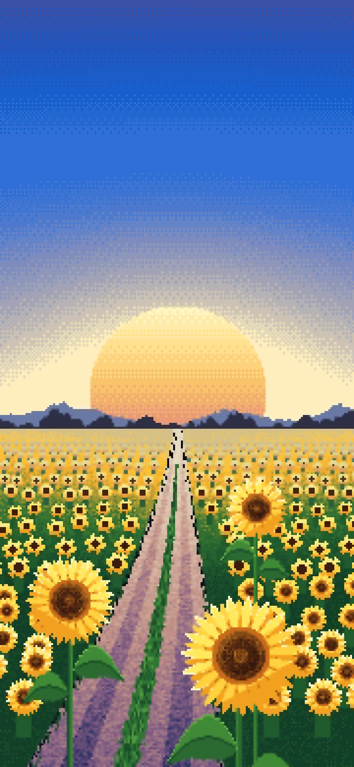 Blue Pixel Art Sunflower Field Road at Sunset wallpaper for iPhone and Android
