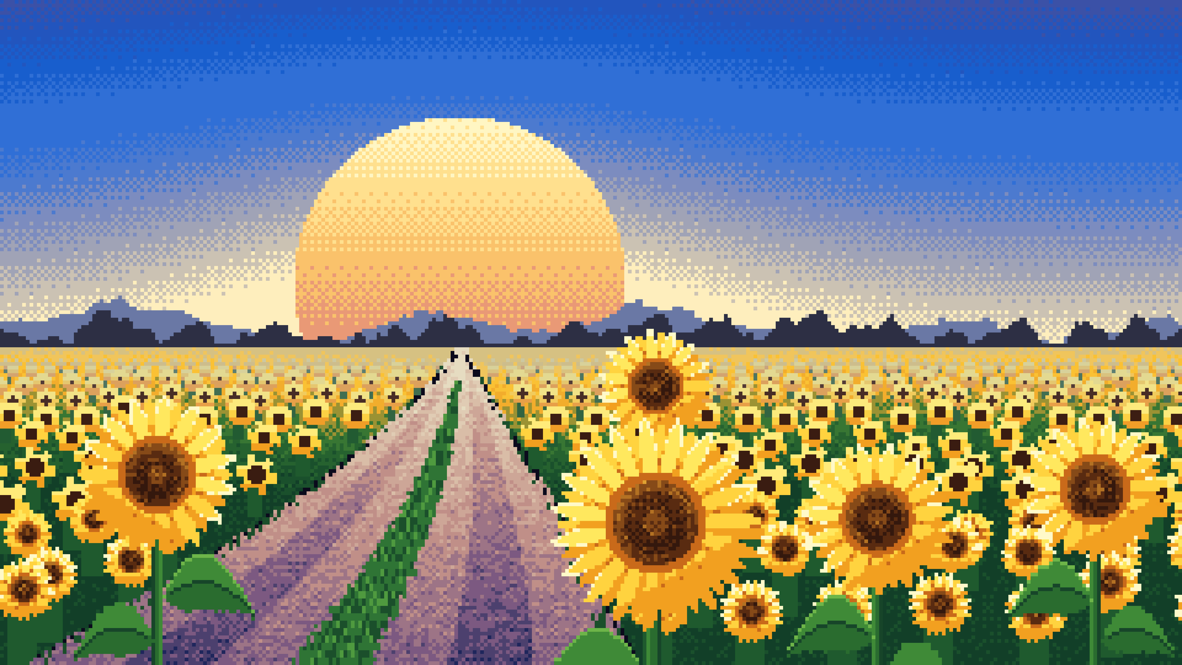 Blue Pixel Art Sunflower Field Road at Sunset desktop wallpaper in 4K