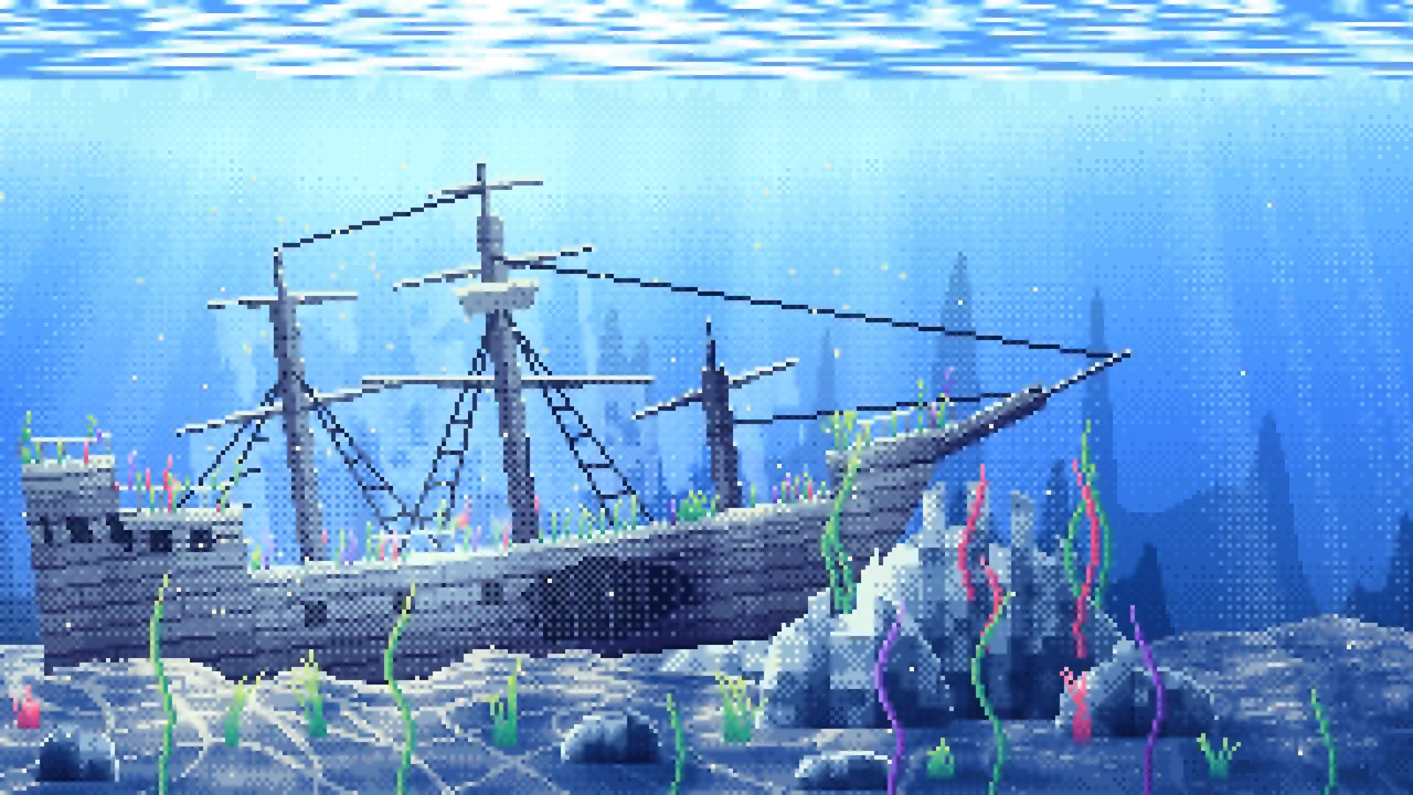 Blue Pixel Art Sunken Ship Underwater desktop wallpaper in 4K