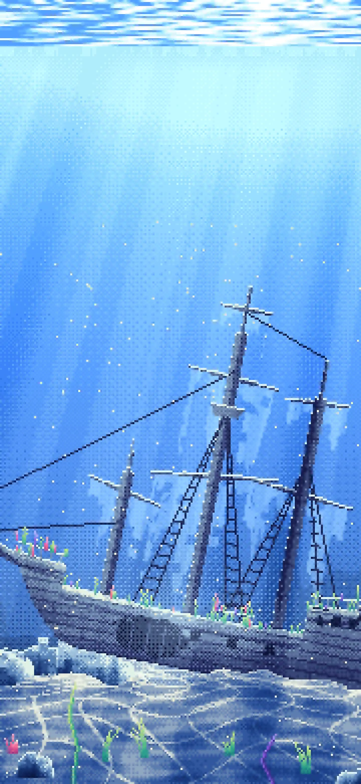 Blue Pixel Art Sunken Ship Underwater wallpaper for iPhone and Android