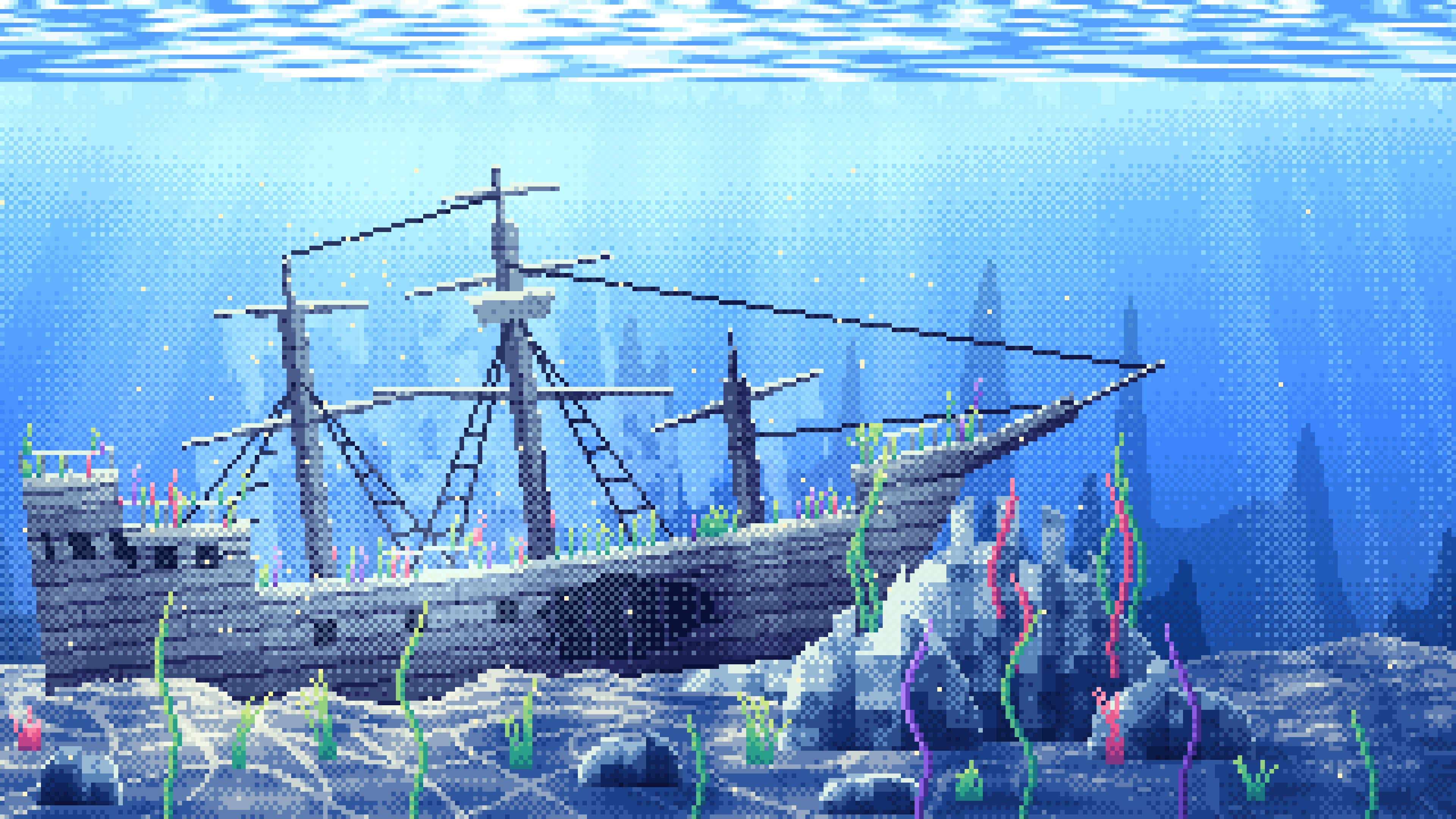 Blue Pixel Art Sunken Ship Underwater desktop wallpaper in 4K