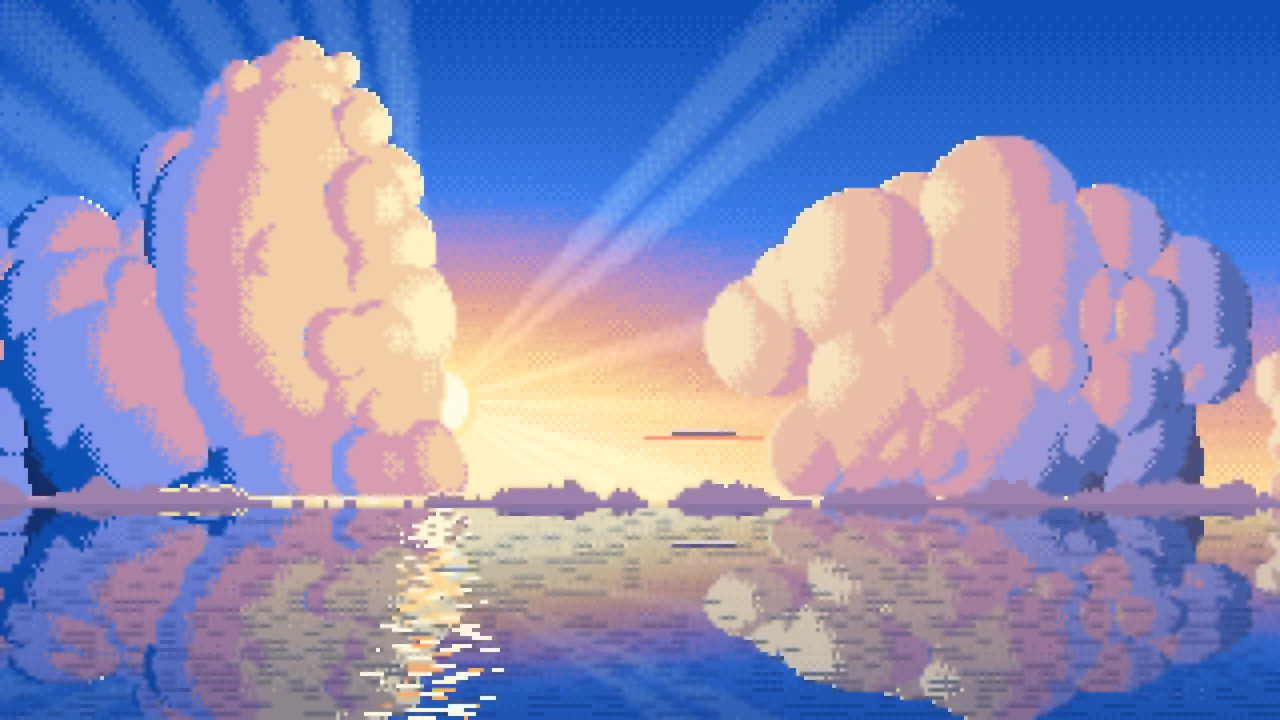 Blue Pixel Art Sunset Clouds Over the Ocean desktop wallpaper in 4K