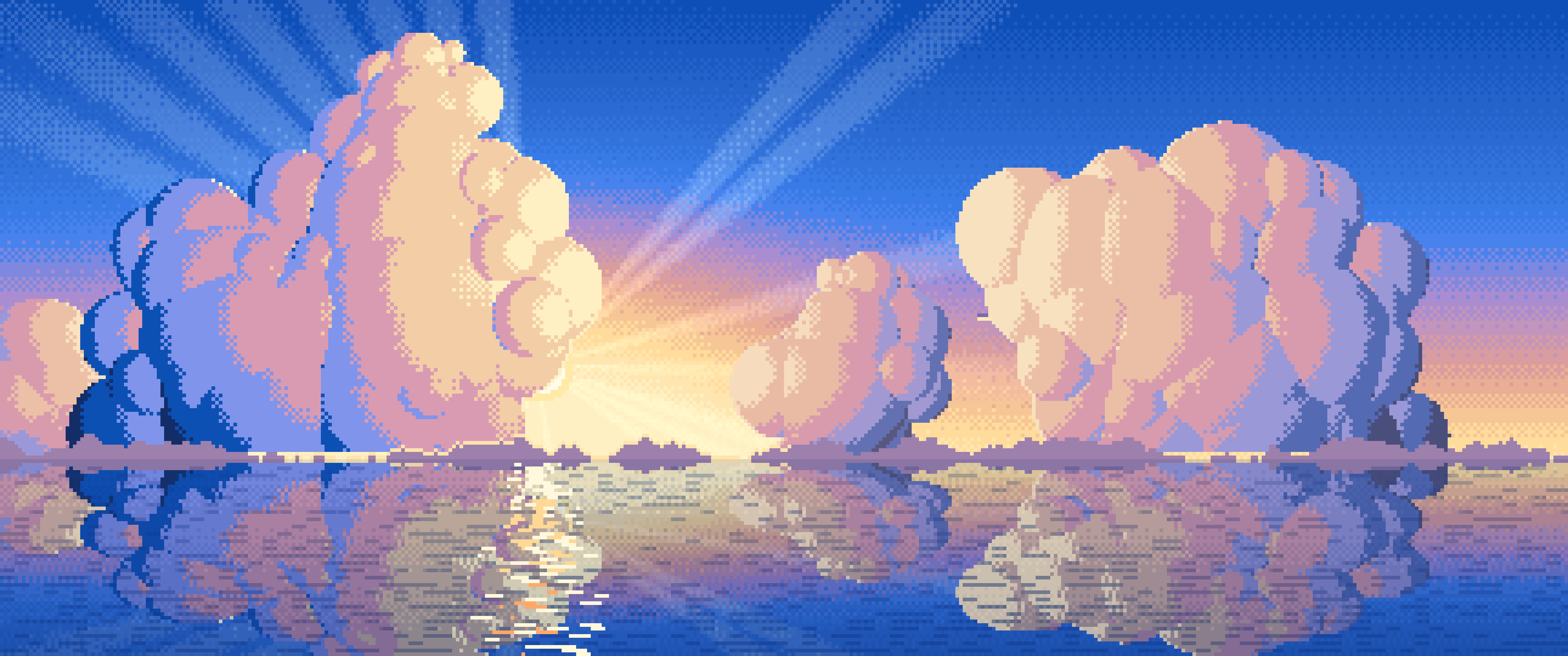 Blue Pixel Art Sunset Clouds Over the Ocean ultrawide wallpaper, 3440 × 1440