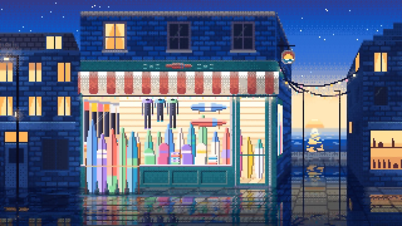Blue Pixel Art Surf Shop desktop wallpaper in 4K