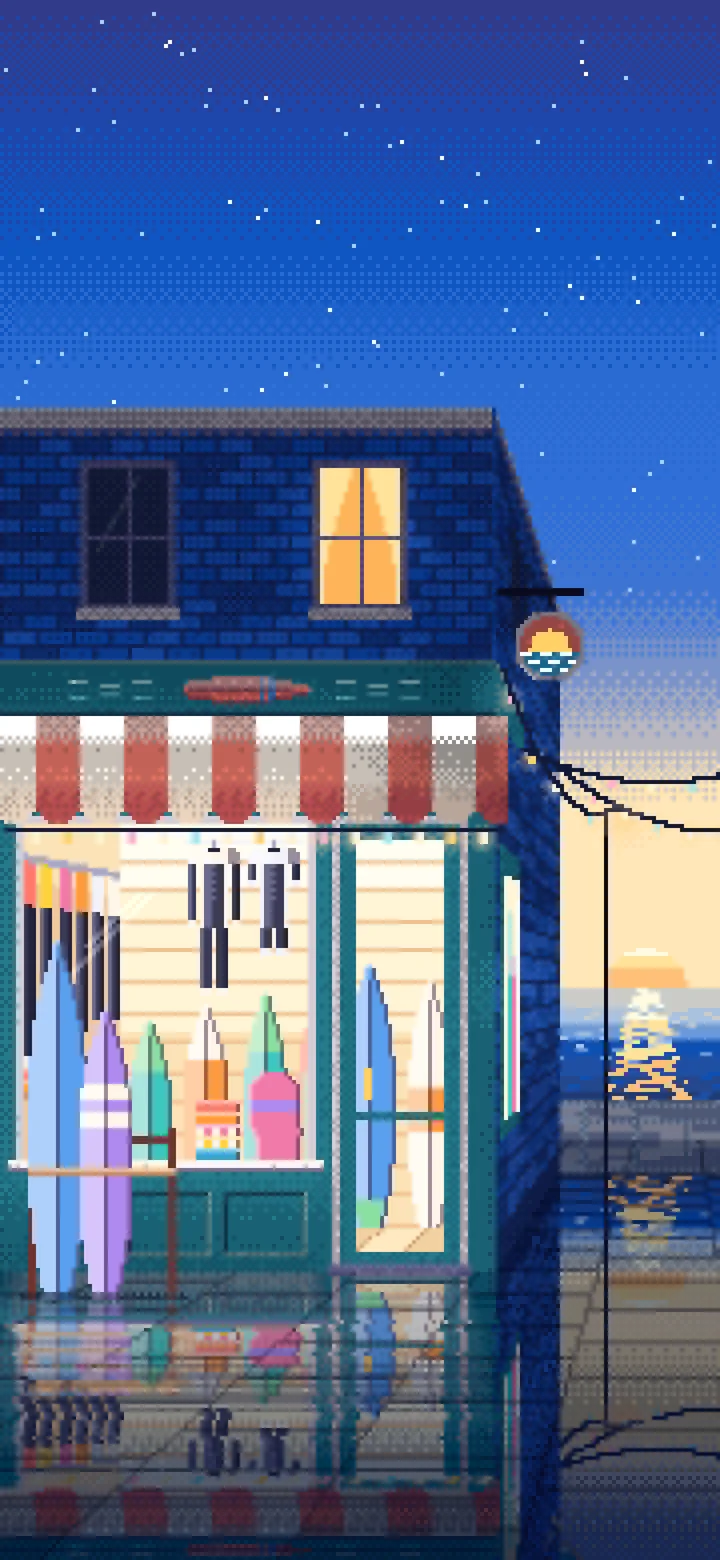 Blue Pixel Art Surf Shop wallpaper for iPhone and Android