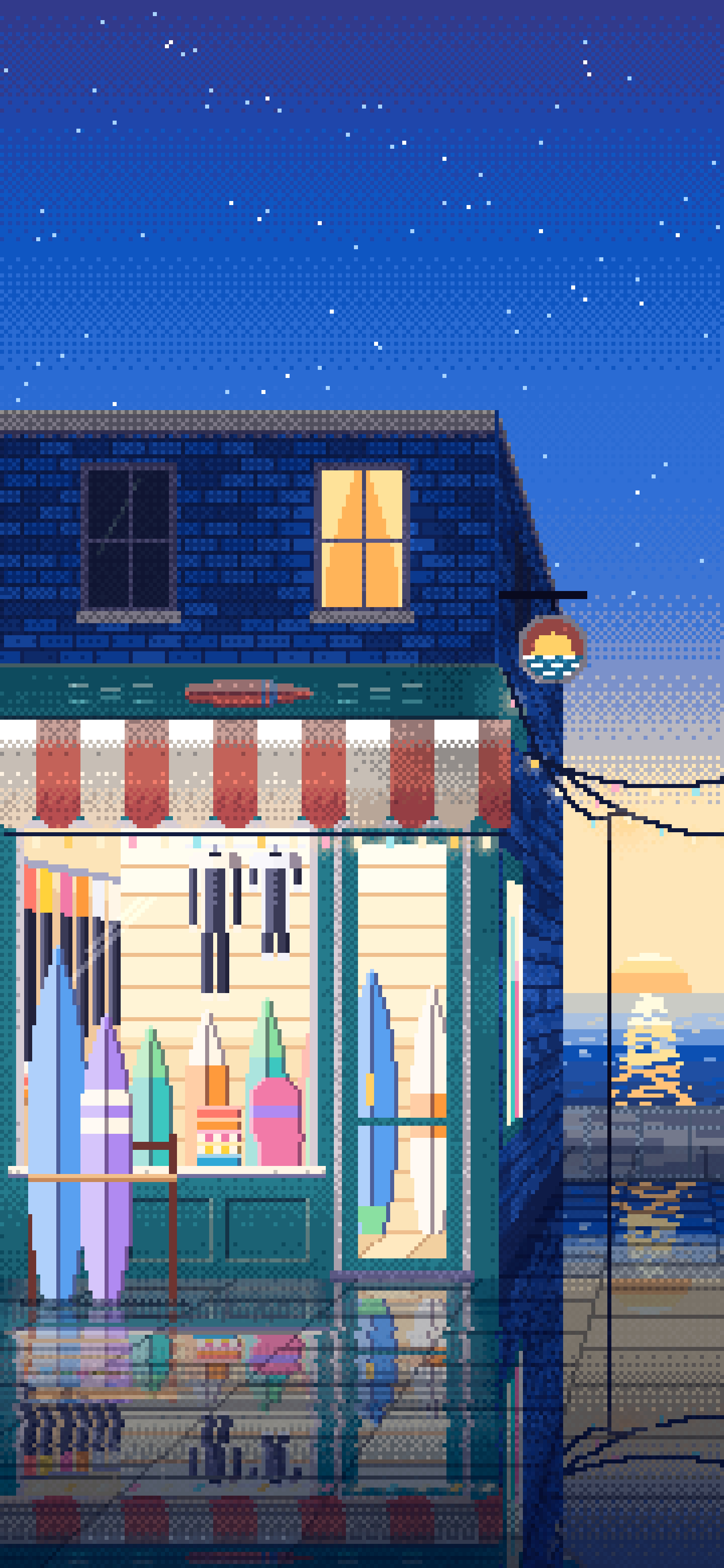 Blue Pixel Art Surf Shop wallpaper for iPhone and Android