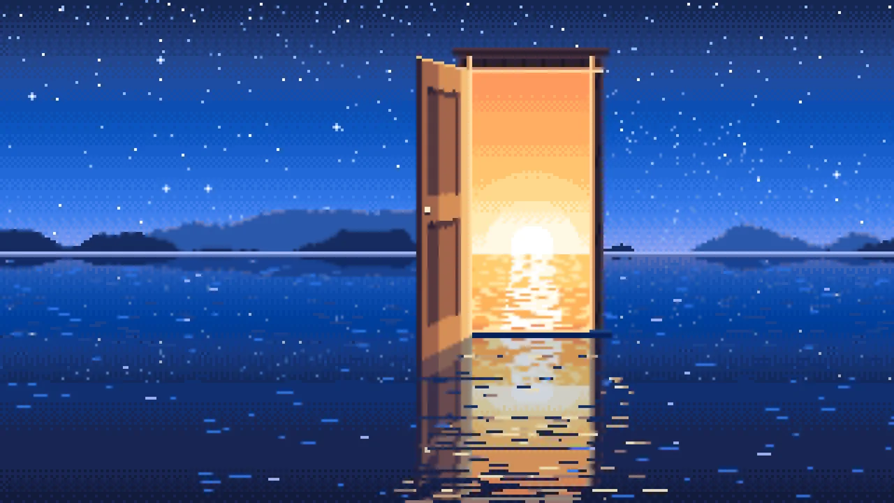 Blue Pixel Art Surreal Door on a Lake at Night desktop wallpaper in 4K