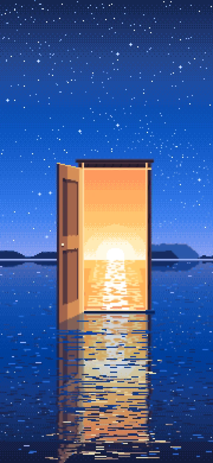 Blue Pixel Art Surreal Door on a Lake at Night wallpaper for iPhone and Android