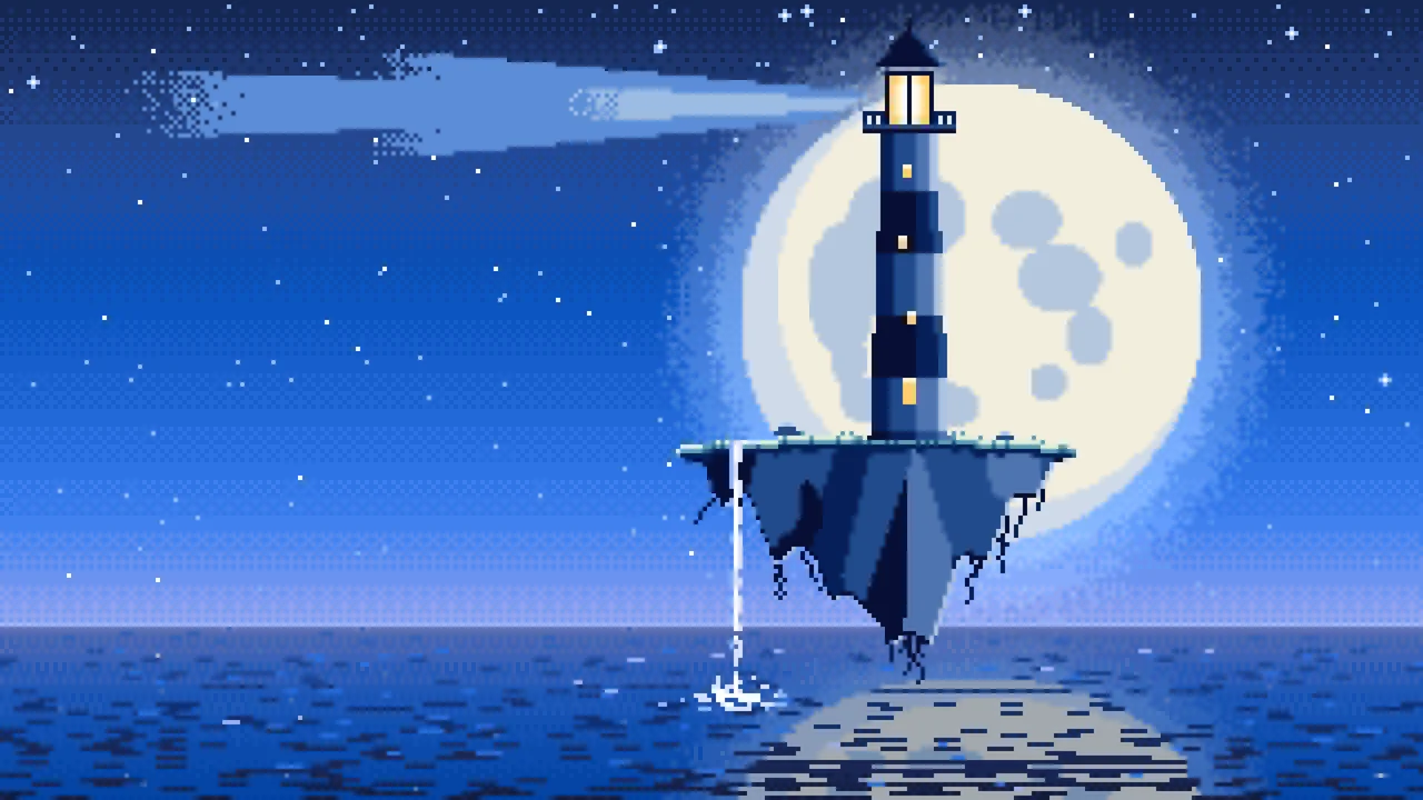 Blue Pixel Art Surreal Lighthouse on a Floating Island desktop wallpaper in 4K