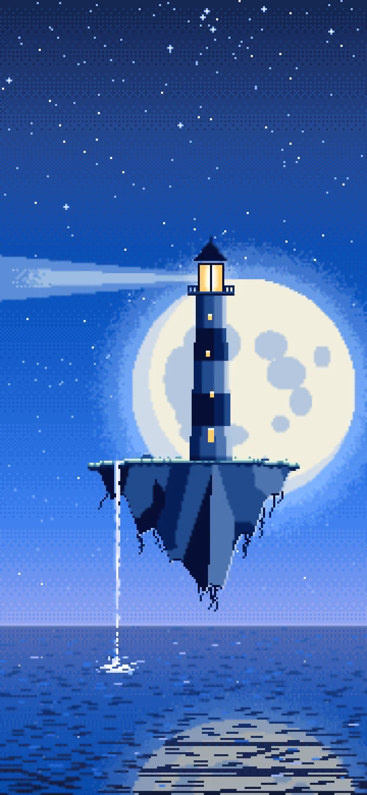 Blue Pixel Art Surreal Lighthouse on a Floating Island wallpaper for iPhone and Android