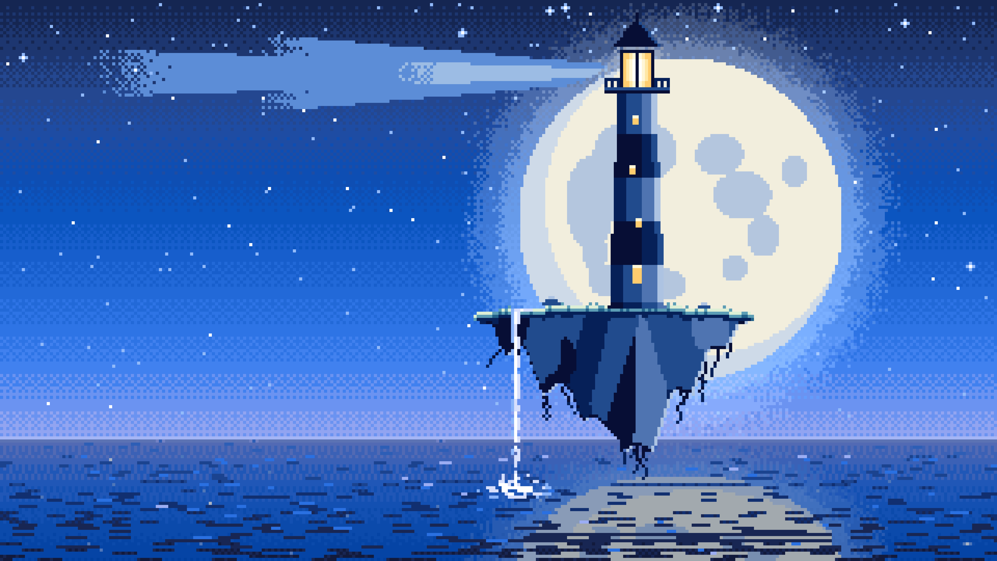 Blue Pixel Art Surreal Lighthouse on a Floating Island desktop wallpaper in 4K