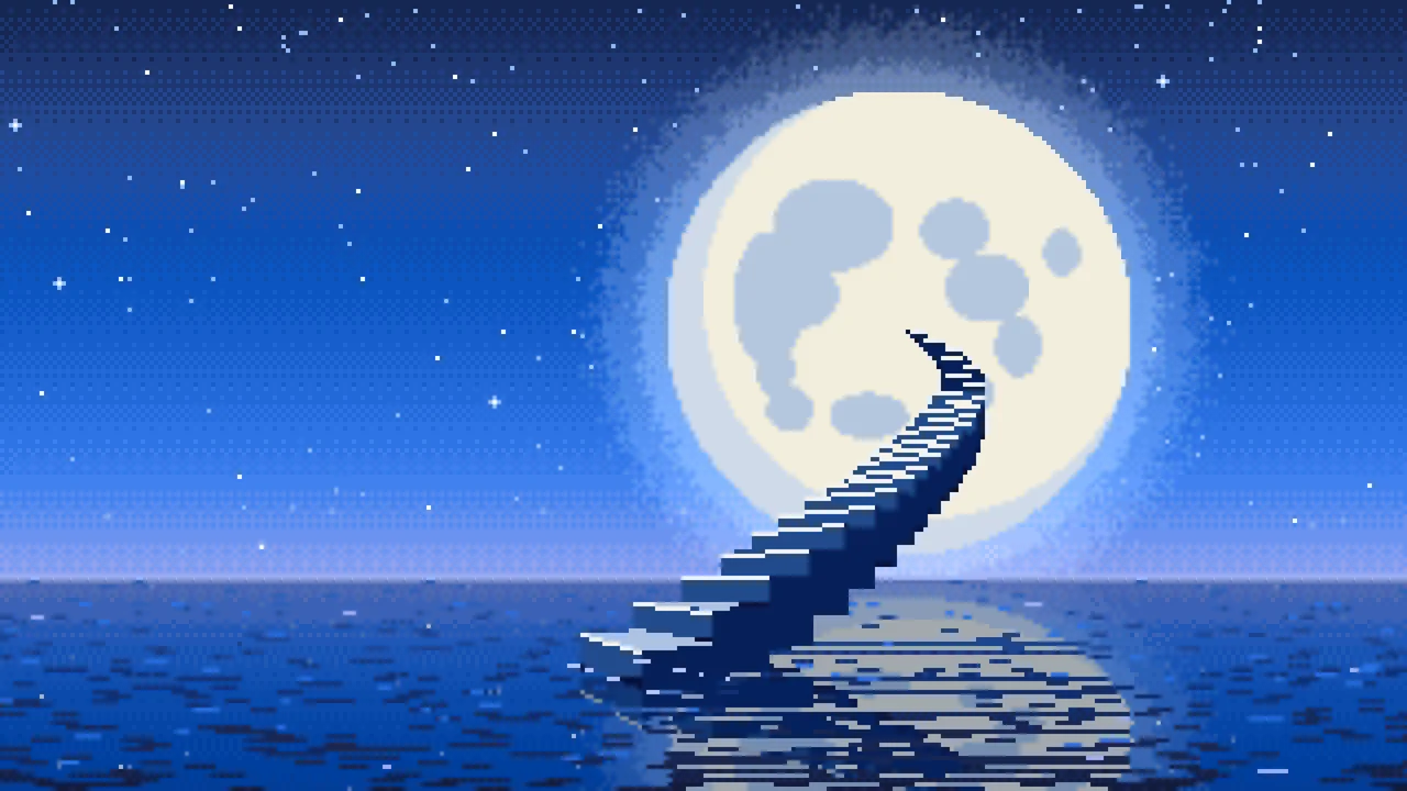 Blue Pixel Art Surreal Stairway to the Moon desktop wallpaper in 4K